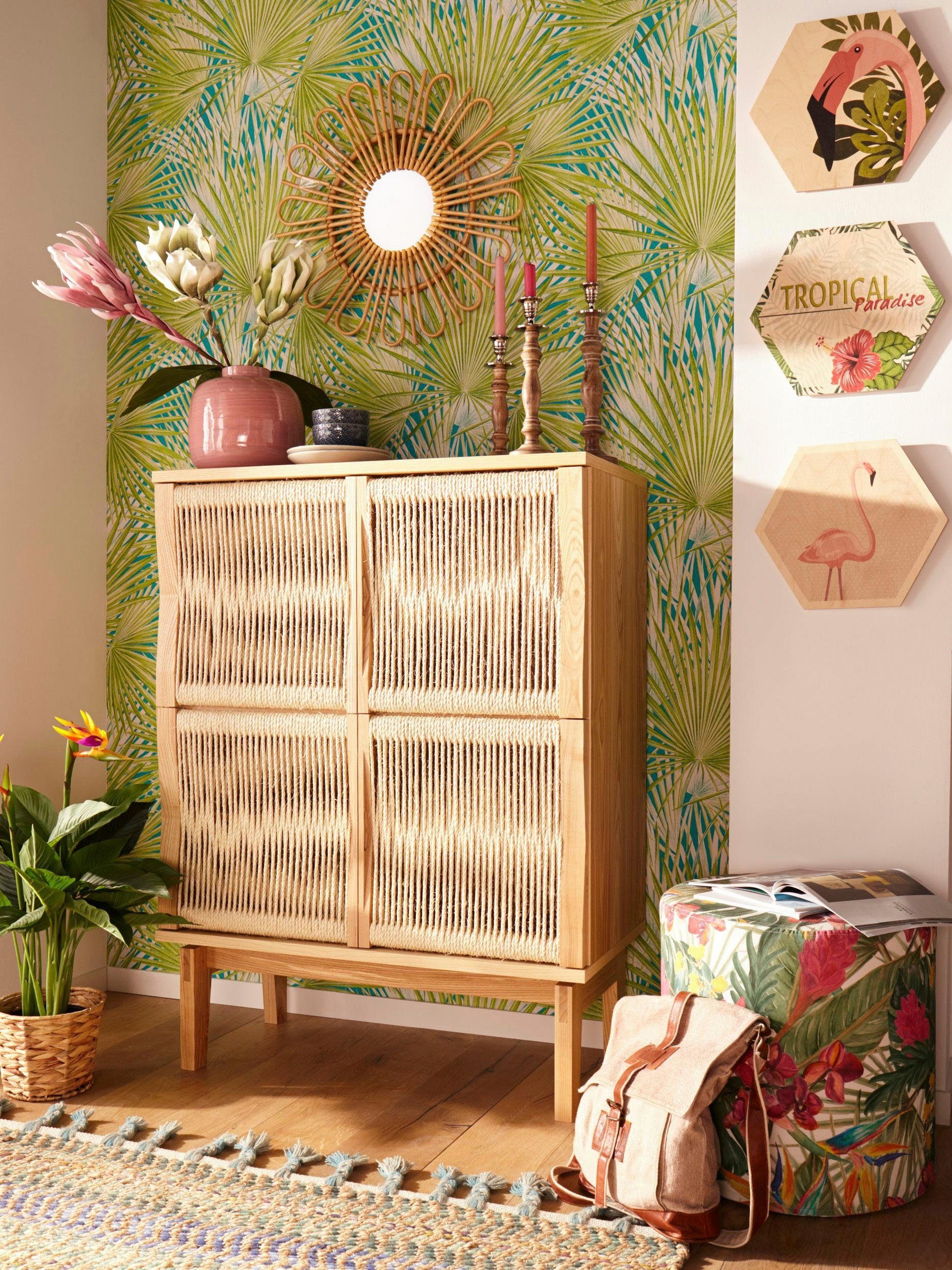 Woodman Highboard Lidia Opbergkast, deurfronten van gevlochten hennepkoord, breedte 90 cm