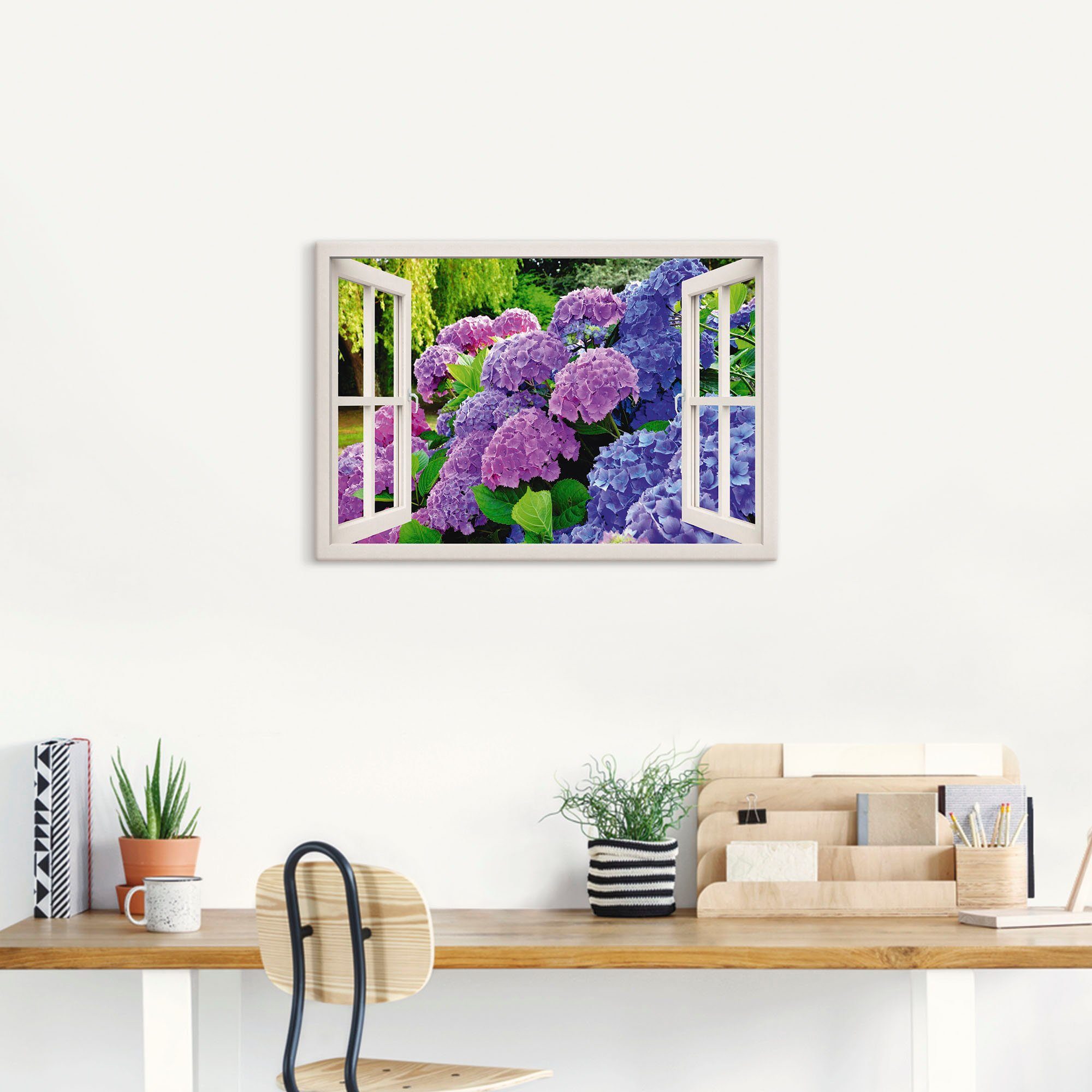 Artland Artprint Blik uit het venster hortensia's in de tuin als artprint op linnen, poster in verschillende formaten maten