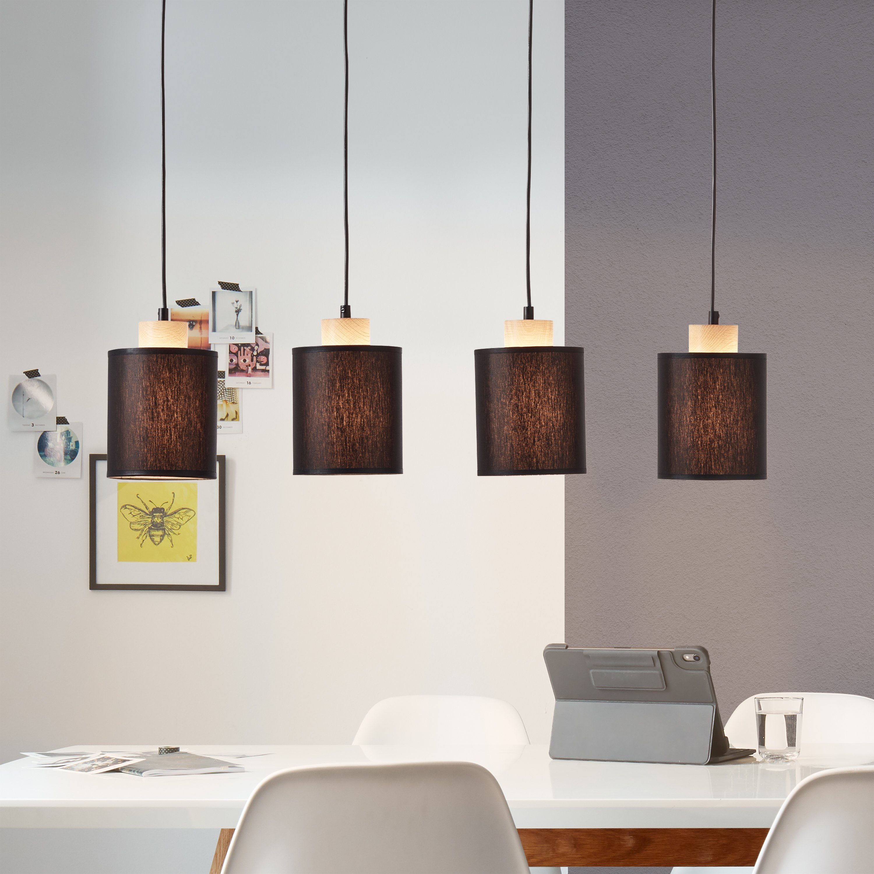 Brilliant Leuchten Hanglamp Vonnie Stoffen kappen, 111 cm hoogte, 80 cm breedte, 4 x E27, in te korten, zwart/hout (1 stuk)