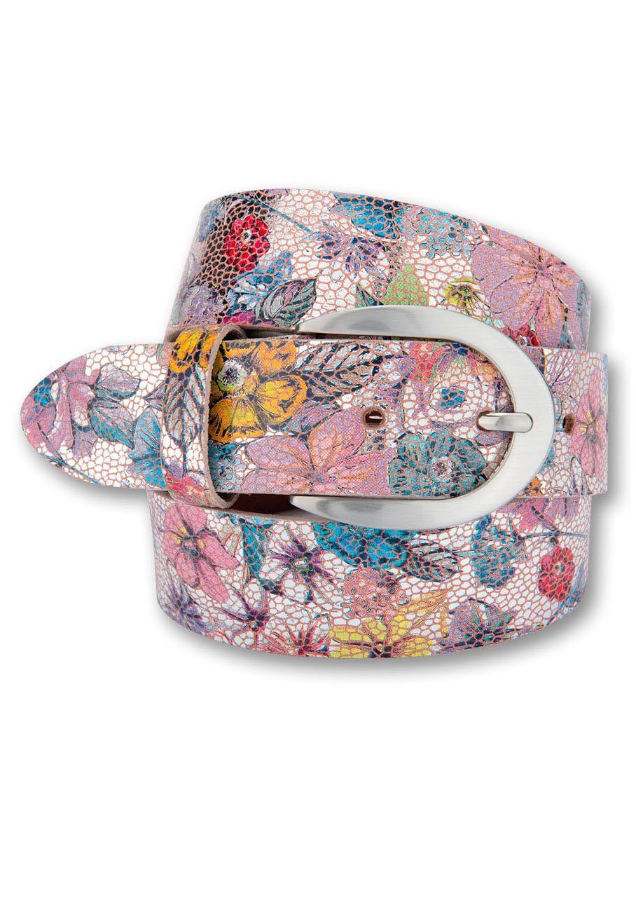 BERND GÖTZ Leren riem met stijlvolle, florale metallicprint