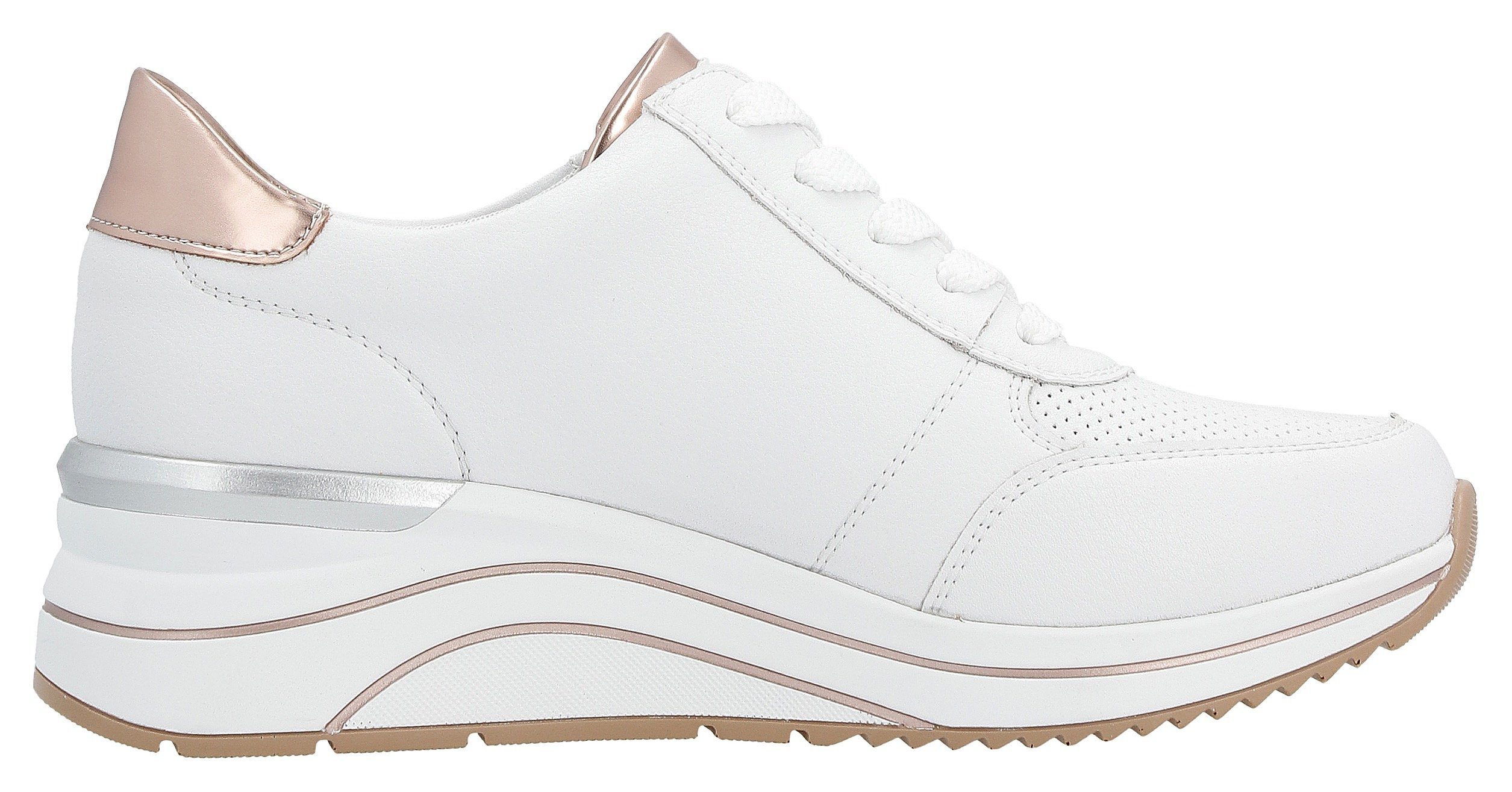 Remonte Sneakers met sleehak , vrijetijdsschoen, lage schoen, veterschoen met metallic contrastaccenten