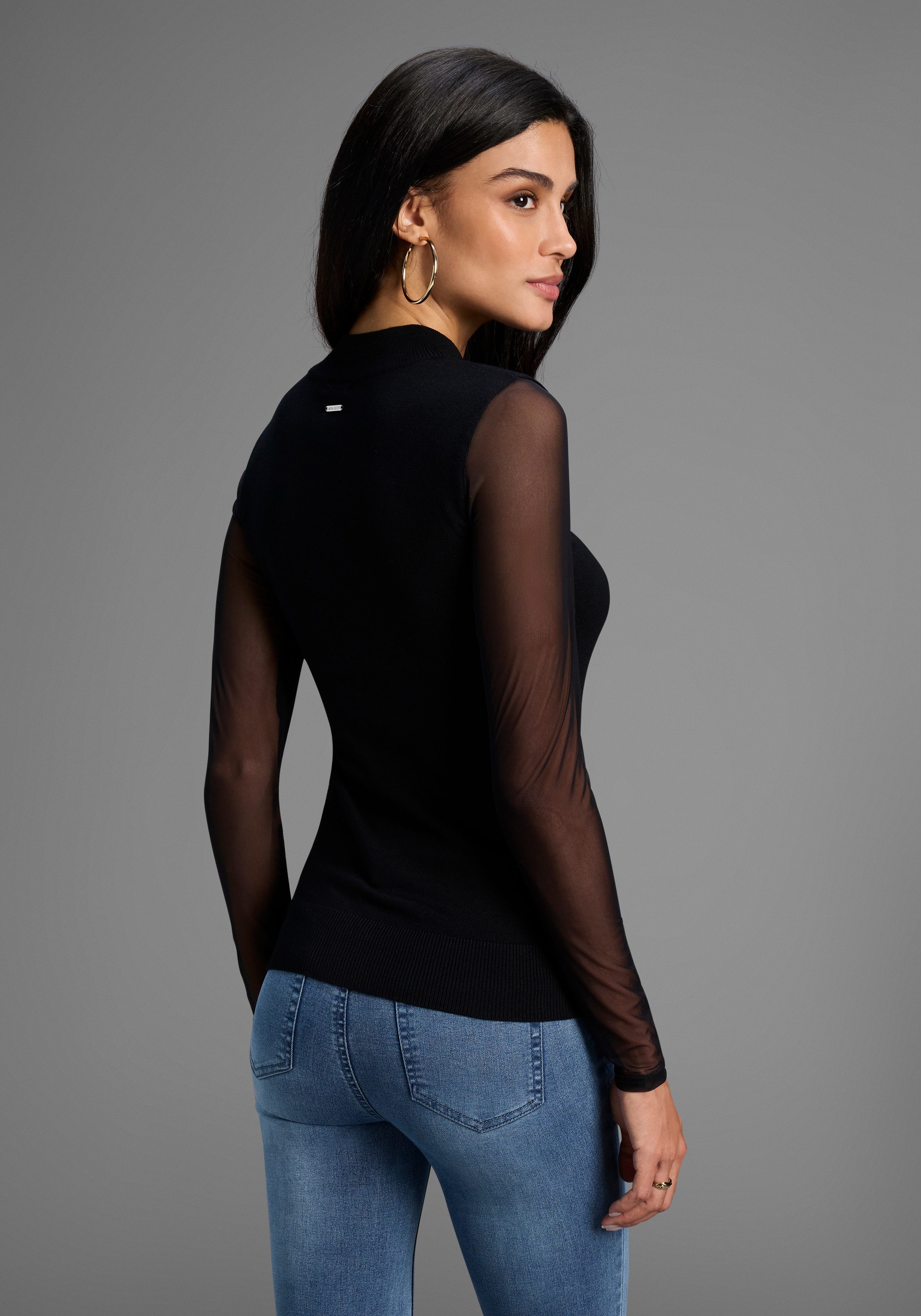 Laura Scott Trui met staande kraag Fijn gebreide trui in nauwsluitende pasvorm met mesh - NIEUWE COLLECTIE