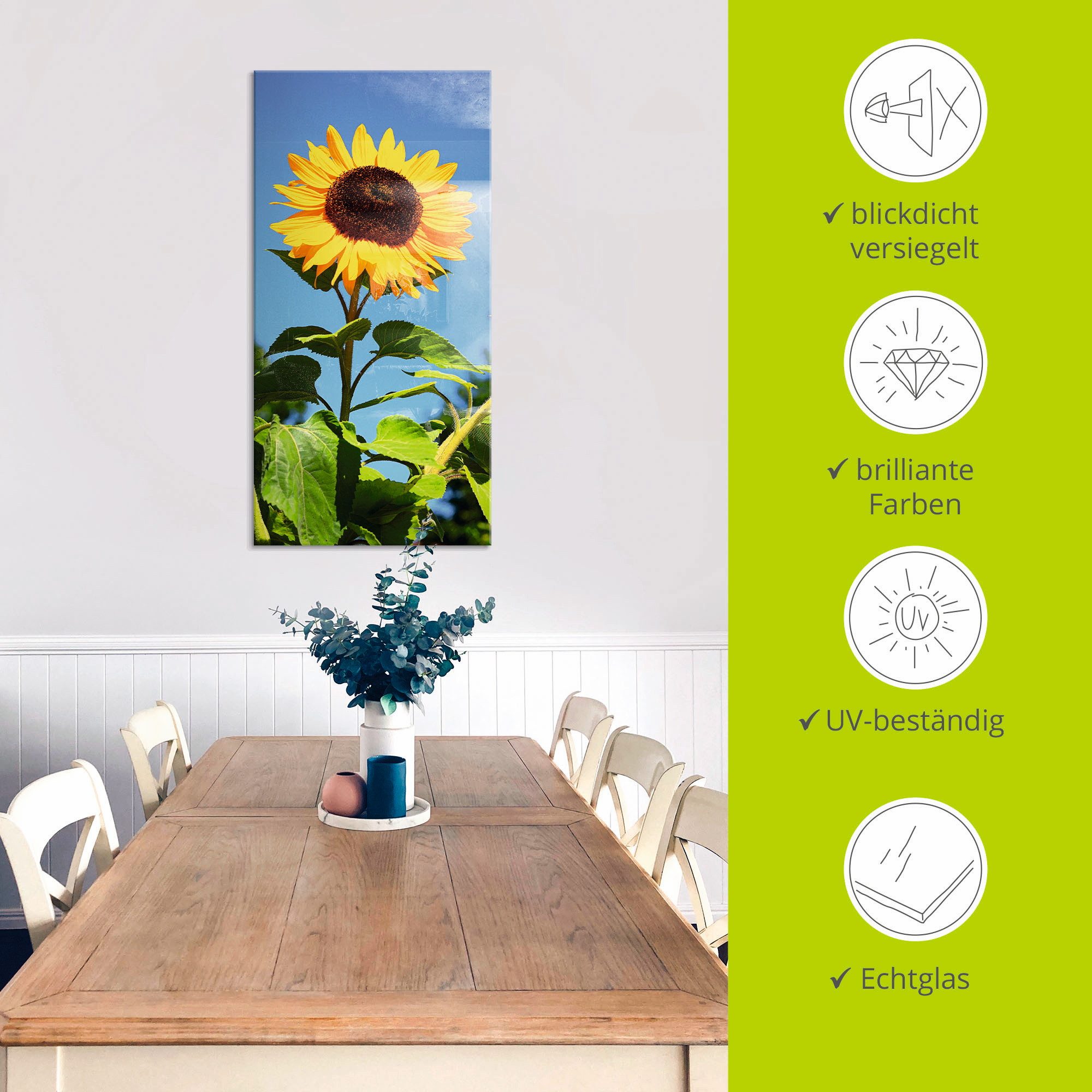 Artland Print op glas Grote zonnebloem in verschillende maten