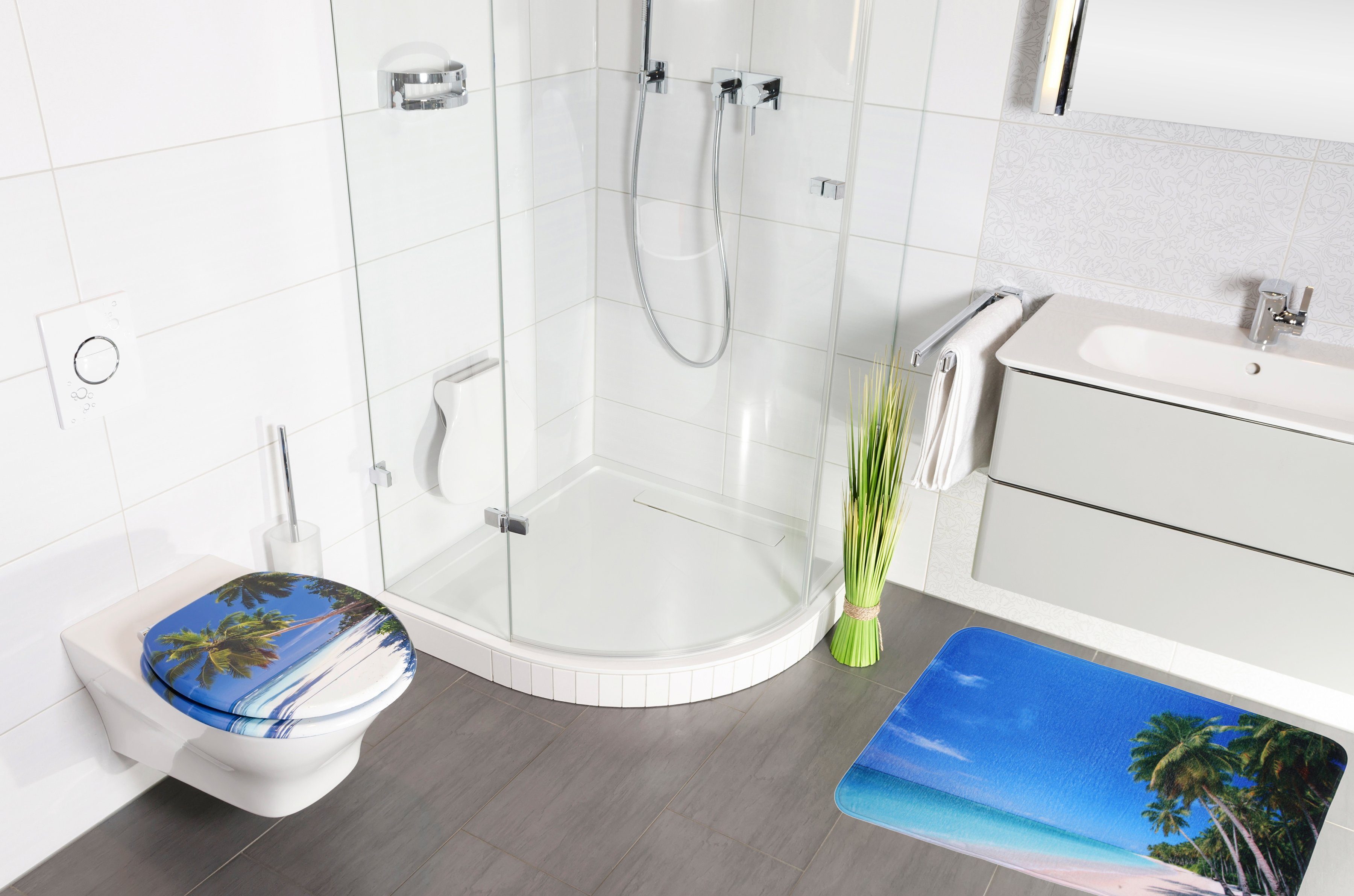Sanilo Set badkameraccessoires KARIBIK bestaand uit toiletzitting, badmat en wastafelplug (complete set, 3-delig)