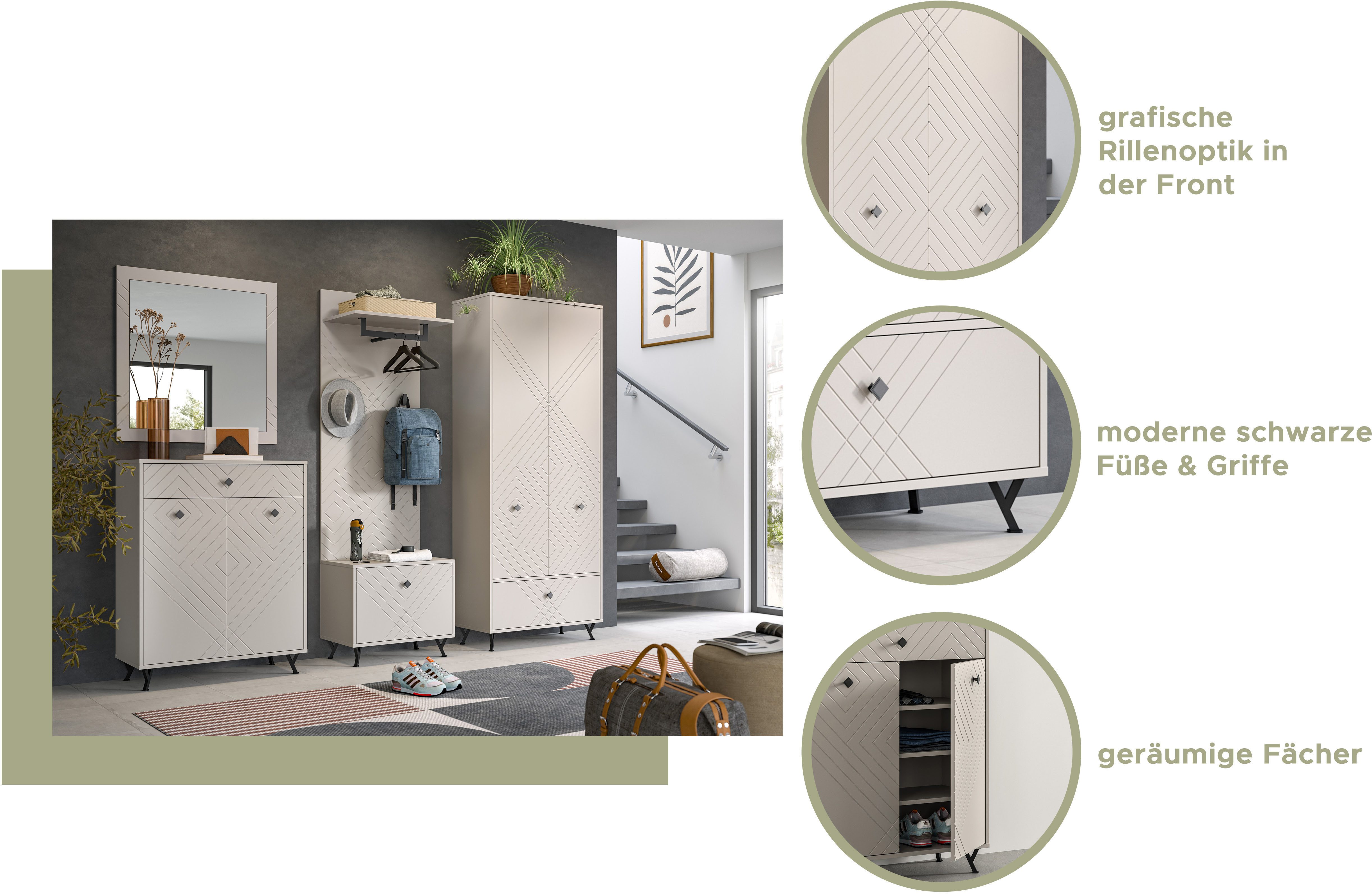 INOSIGN Halmeubelset Mento, 4-delig, ornamentfrezing in de front, bestaande uit: Commode, spiegel, zitbank & garderobenpaneel, metalen handgrepen & voeten (set, 4-delig)
