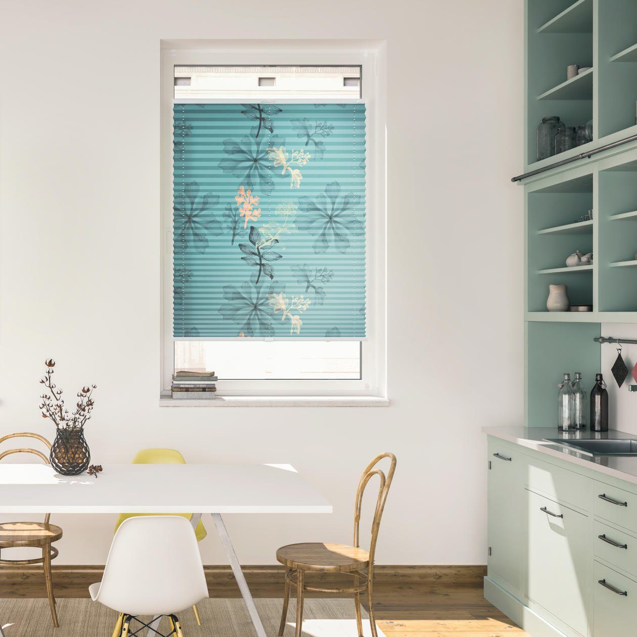 LICHTBLICK Plissé Klemmfix, zonder boren, ondoorzichtig, aqua in bloemmotief - blauw (1 stuk) plisségordijnen maat 45 cm x 130 cm blauw