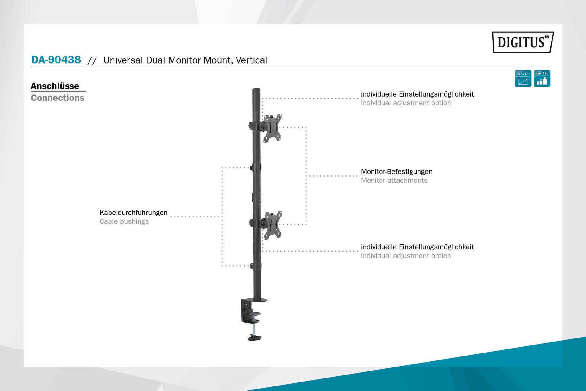 Digitus Monitorhouder Universele dual monitorhouder, verticaal