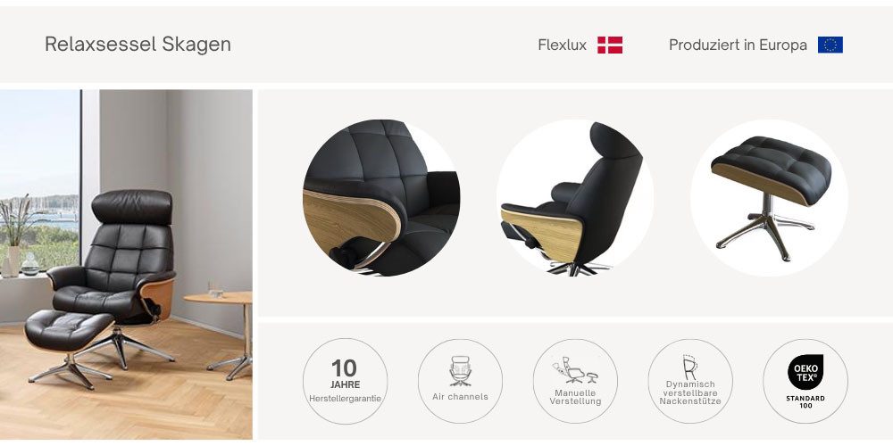 FLEXLUX Relaxfauteuil Skagen, relaxfauteuil premium comfort, armleuningen, draaibaar Rug- en hoofdverstelling, voet aluminium, armleuning eik, draaibaar