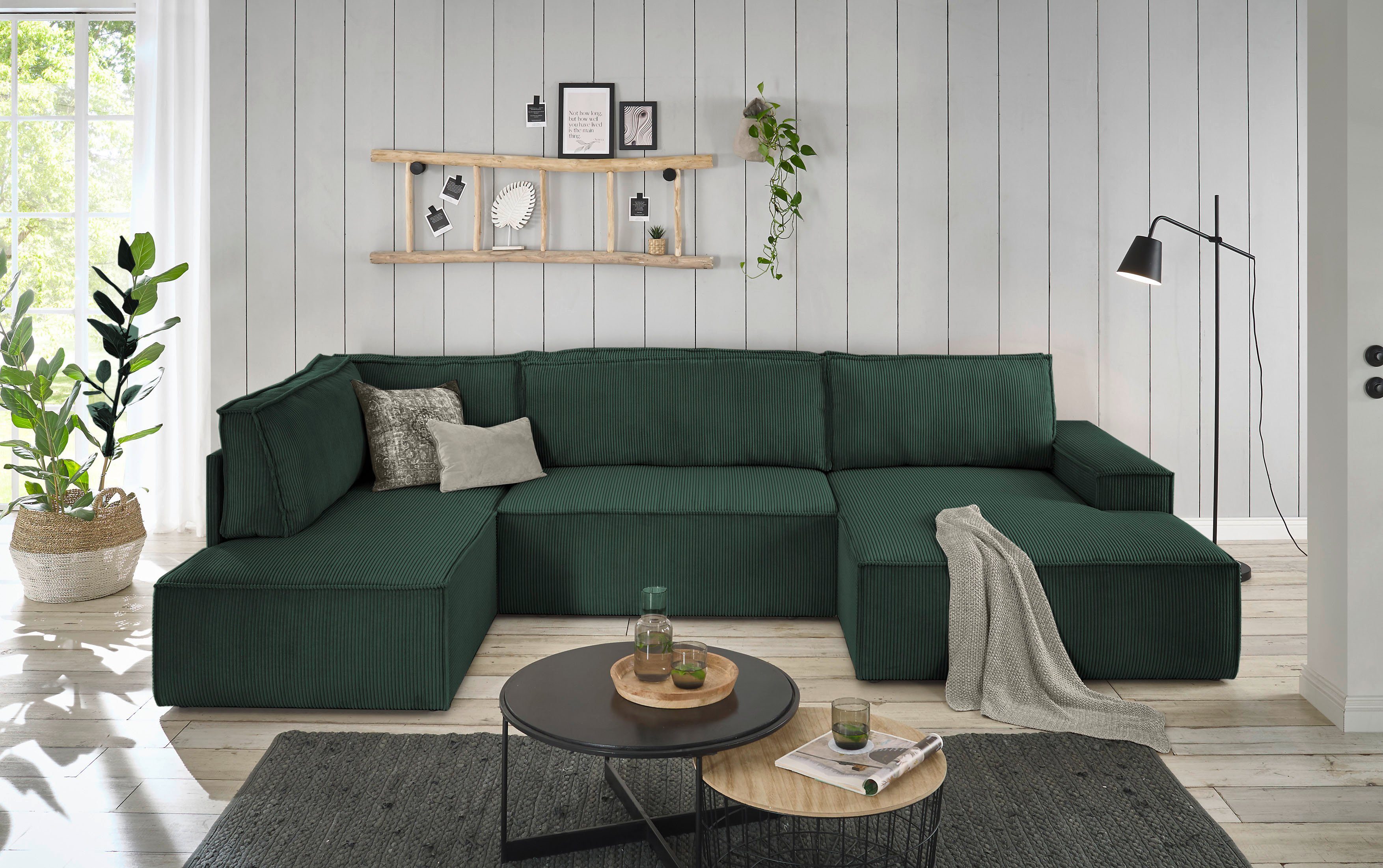 Home affaire Zithoek SHERWOOD 329 cm, U-vorm, slaapbank, Slaapfunctie met bedkist (194x139 cm), cord, vintage, fluweel