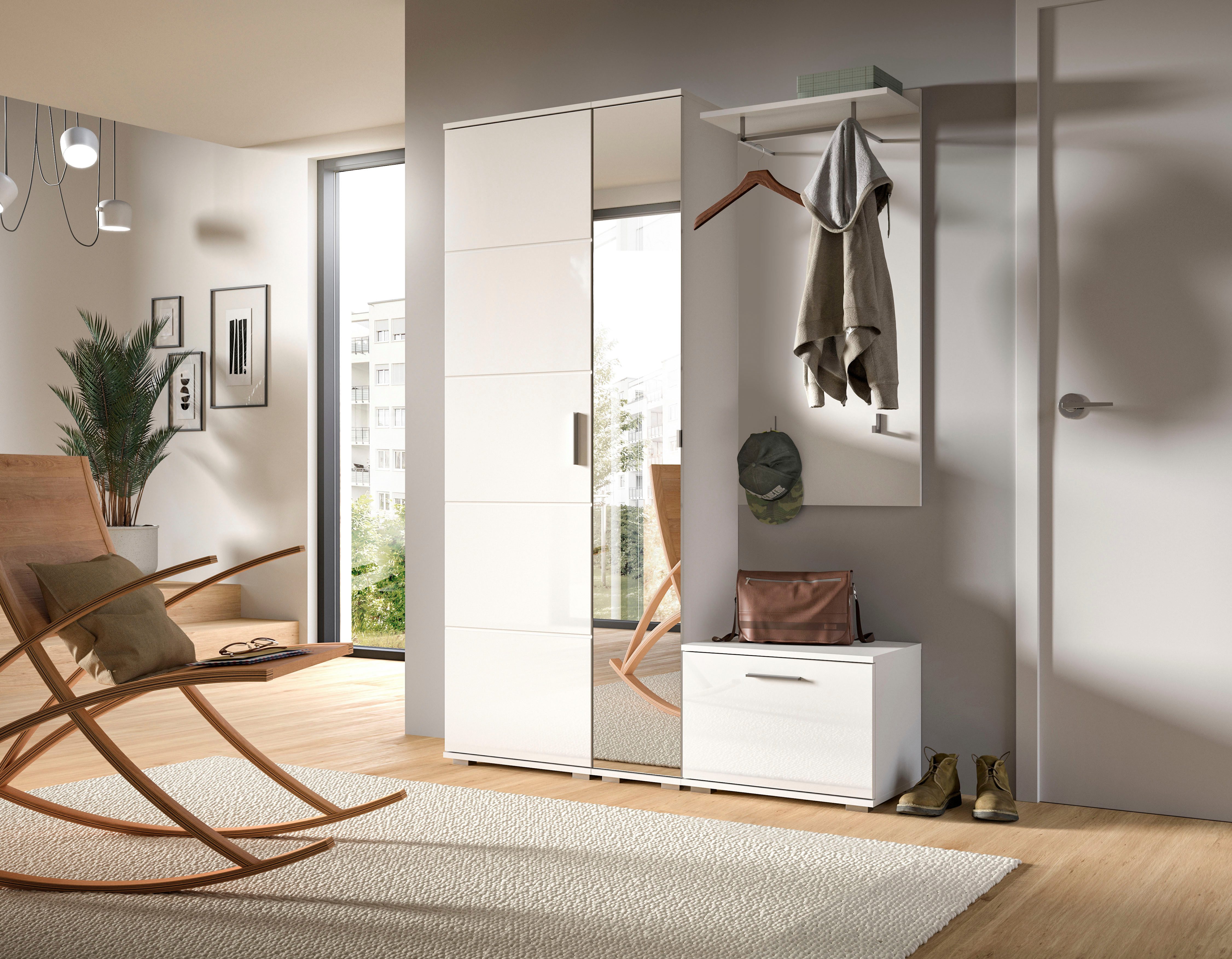 INOSIGN Halmeubelset Valge, Breedte 140 cm, 4-delig Set, bestaande uit: Garderobekast, spiegelkast, zitbank en garderobe paneel (4-delig)