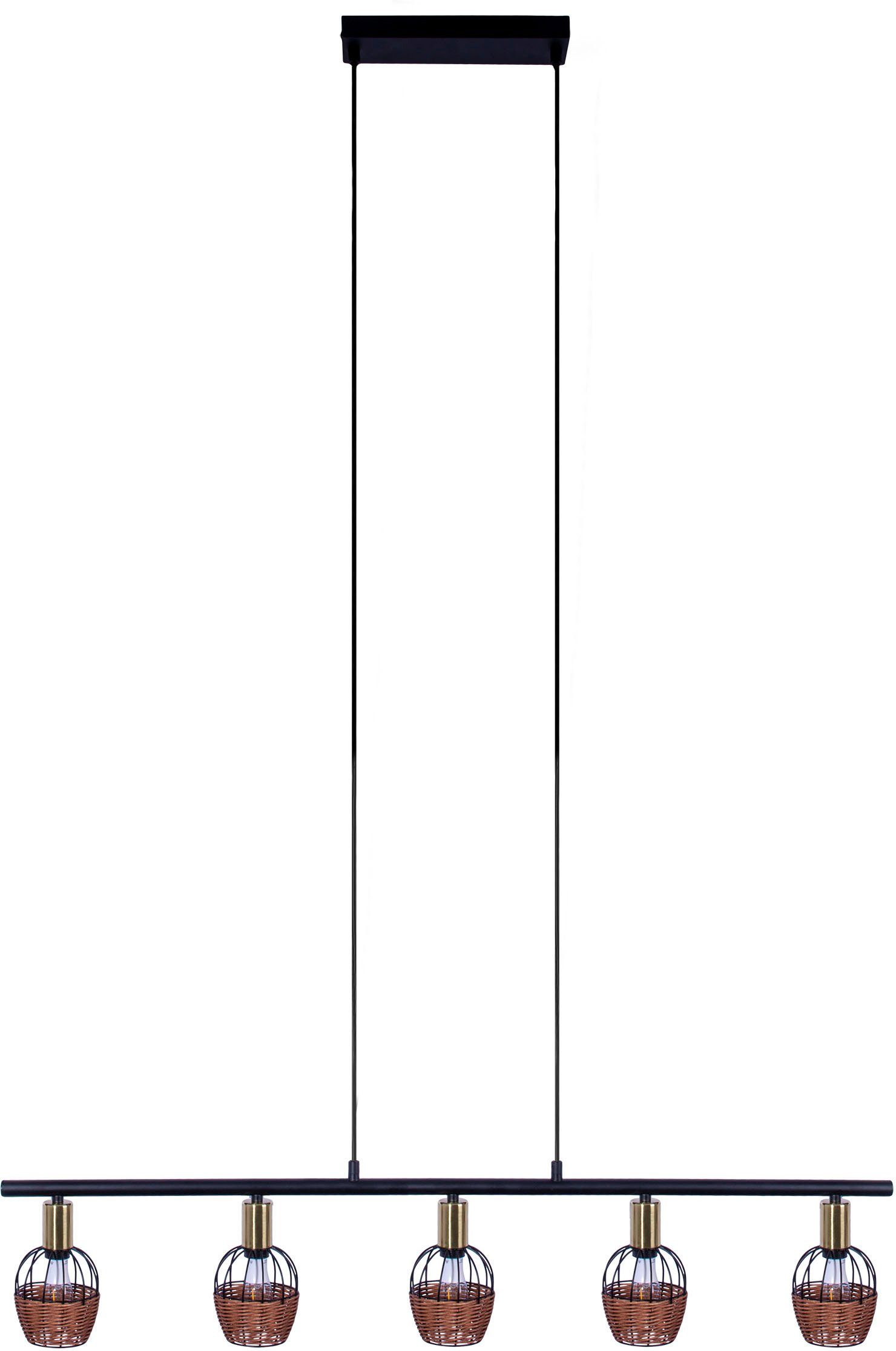 näve Hanglamp Corbis 5 spots excl. e14 max. 40w zwart/natuur/goudkleur lengte 100 cm met rattan (1 stuk)