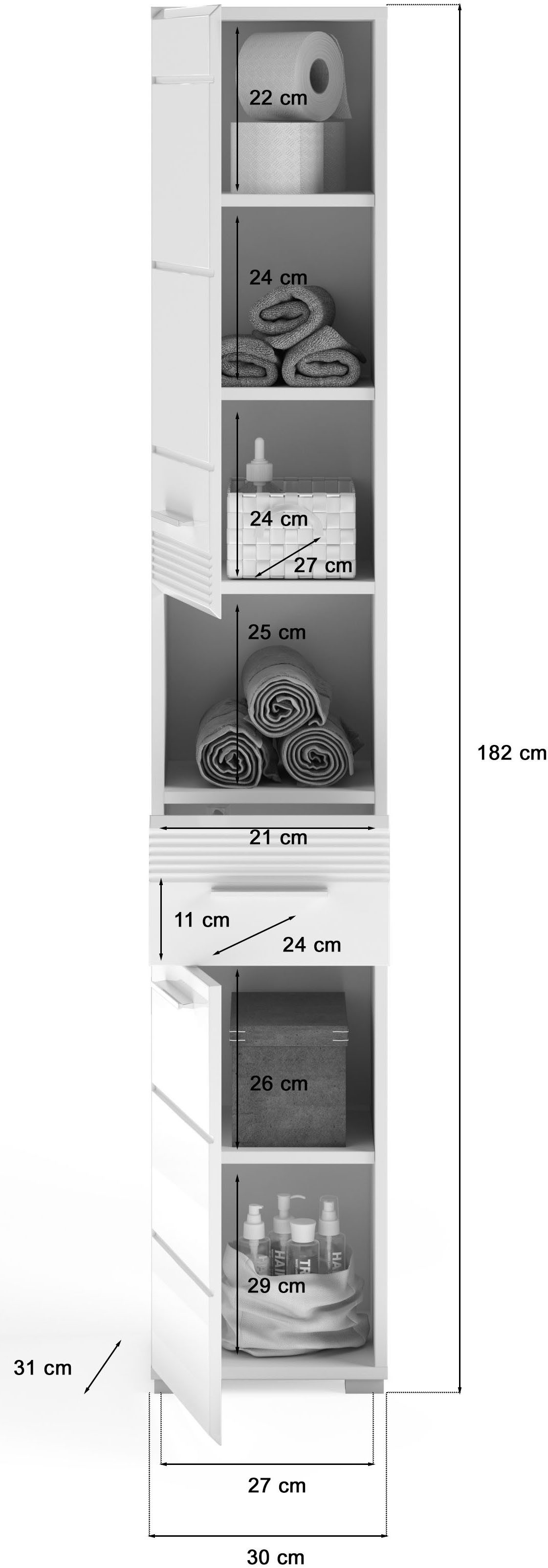 INOSIGN Hoge kast Malmö, Breedte 30 cm, 2 deuren, 1 lade, 1 open vak, MDF-front in verschillende kleuren verkrijgbaar, badkamermeubels, badkamerkast, kast, badkamer