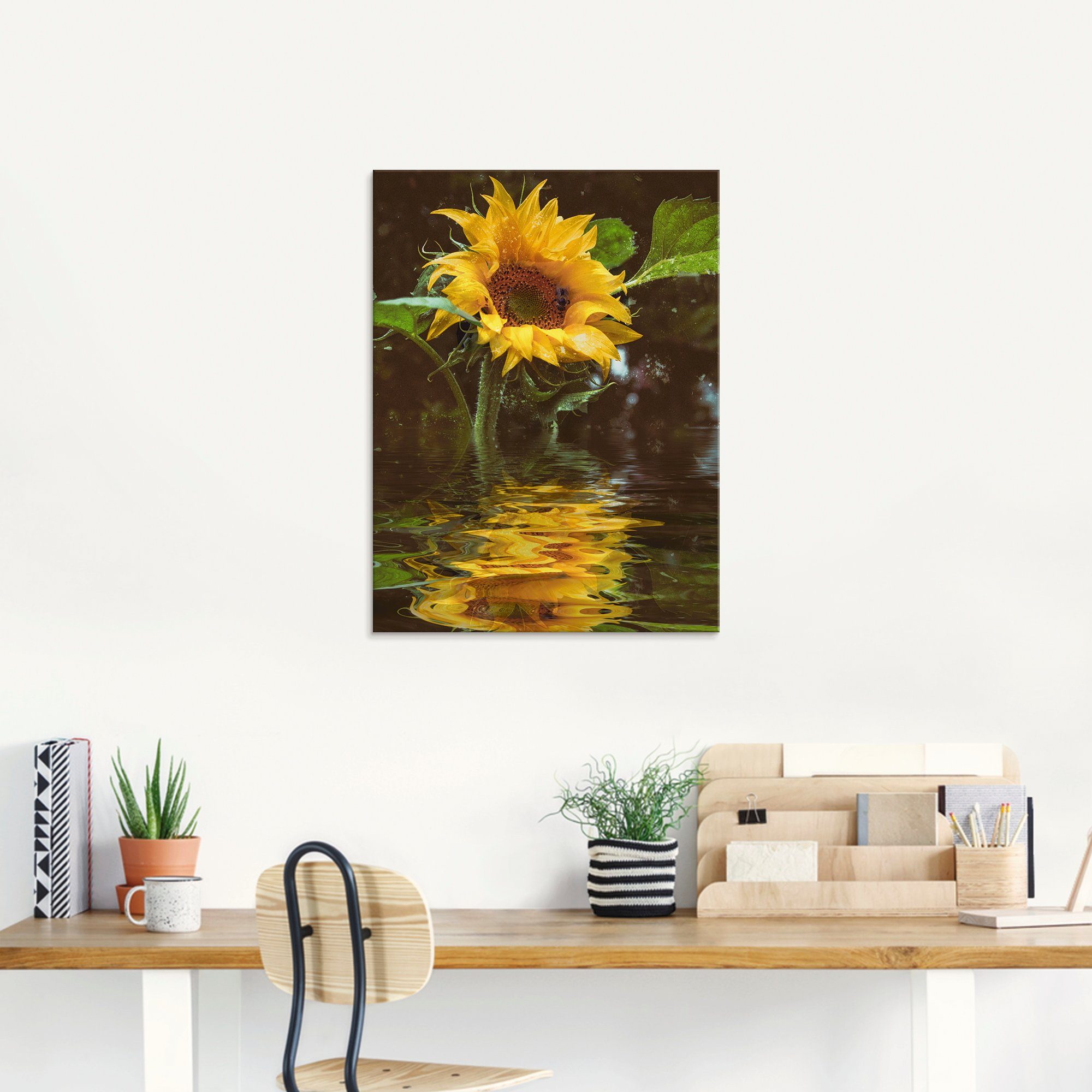 Artland Print op glas Zonnebloem met waterreflectie