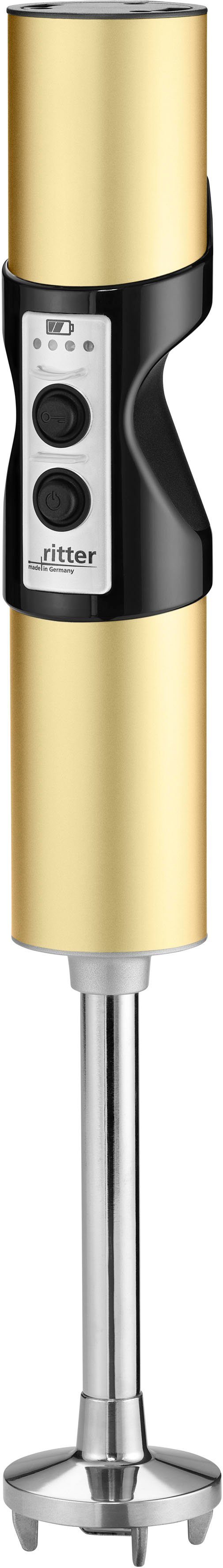 Ritter Accu-staafmixer Stilo 7 plus trendkleur goud met 4 opzetstukken van edelstaal en 2 mengbekers