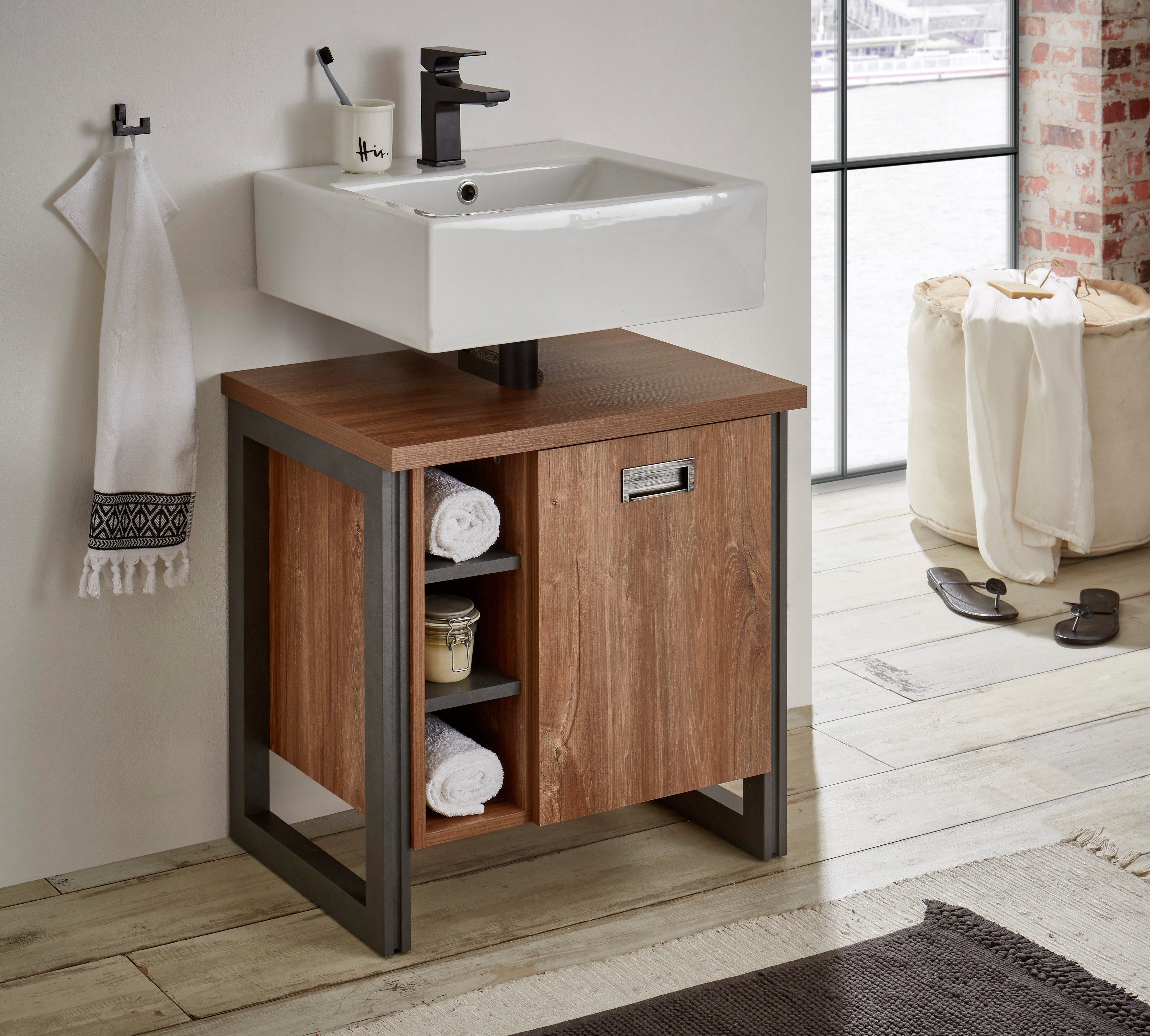 Home affaire Wastafelonderkast Detroit, Waschtisch mit Apothekergriff, Badschrank im Industrialdesign Breedte 61 cm onderkasten bruin
