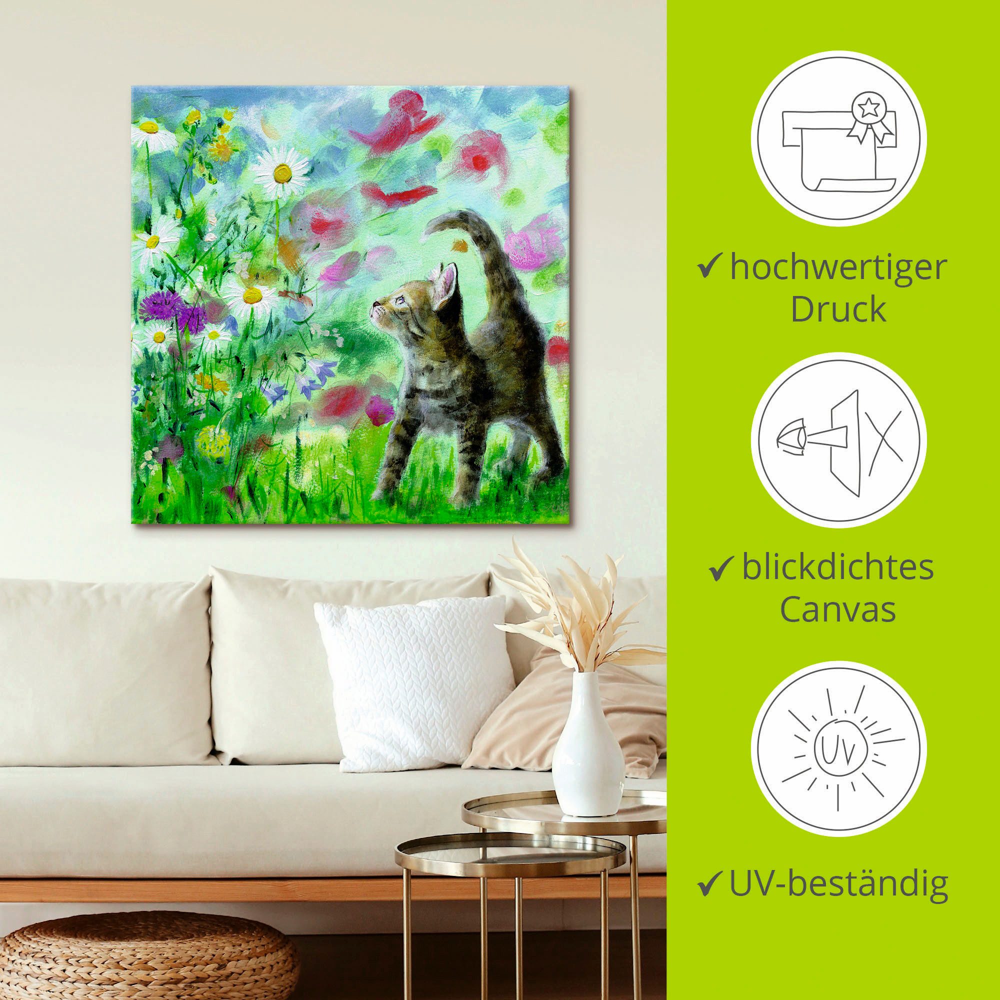 Artland Artprint Zomerweide met katje als artprint op linnen, poster, muursticker in verschillende maten