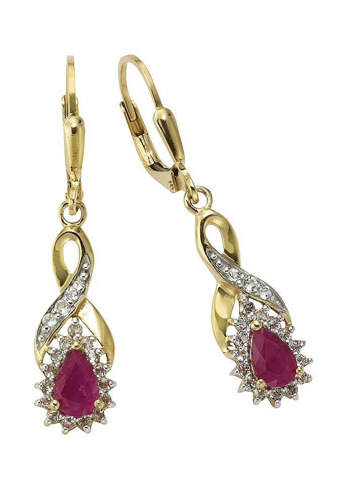 Firetti Paar oorhangers Sieraad cadeau Goudkleurig 333 oorbellen patentbeugel kleursteen edelsteen dames oorbellen rood