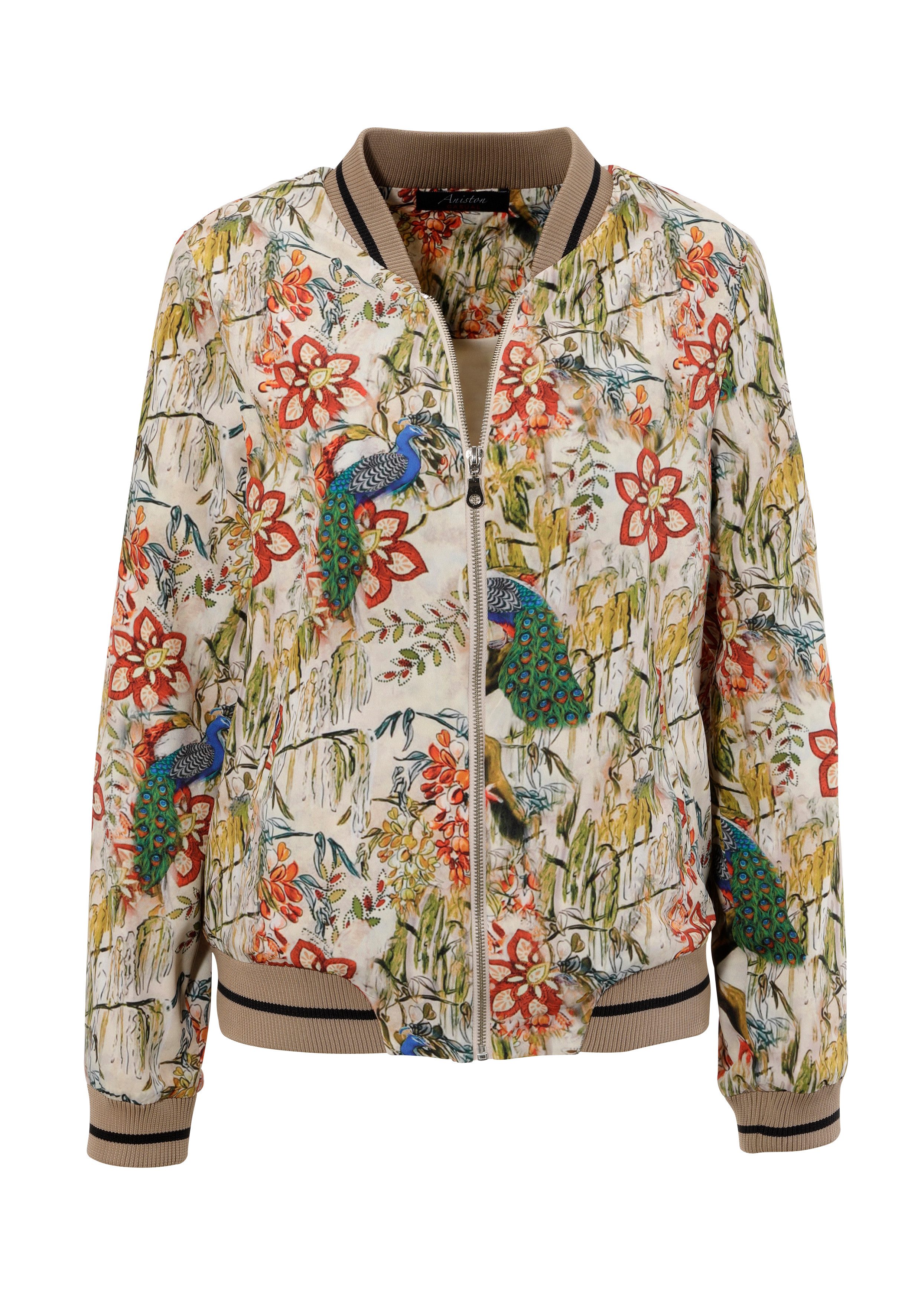 Aniston CASUAL Blouson met kleurrijke pauwen en bloemen bedrukt - nieuwe collectie