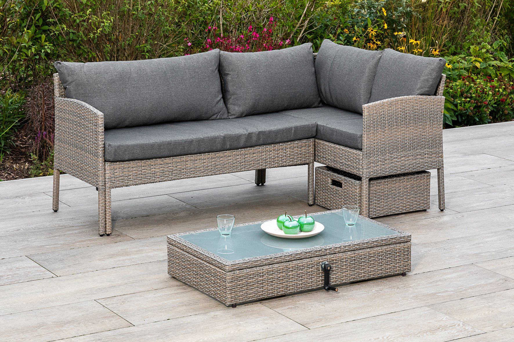 MERXX Balkonset VILETTA Hoekbank, in hoogte verstelbare tafel, met box (3-delig) tuinsets bruin