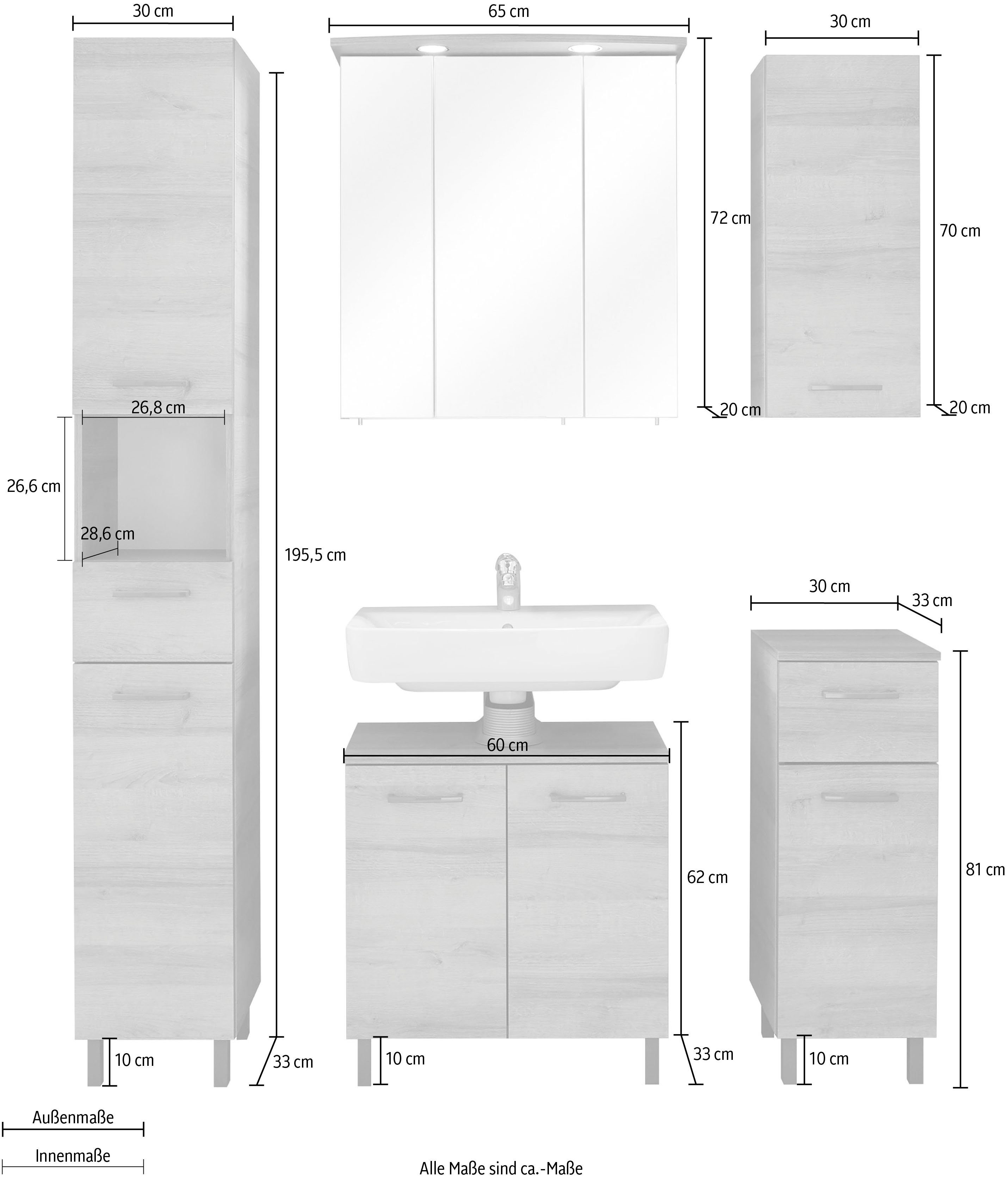 Saphir Badkamerserie Quickset 919 5-delig, wastafelonderkast met LED-spiegelkast Hoge kast, onderkast, hangend kastje, 9 deuren, inclusief deurdemper (5-delig)