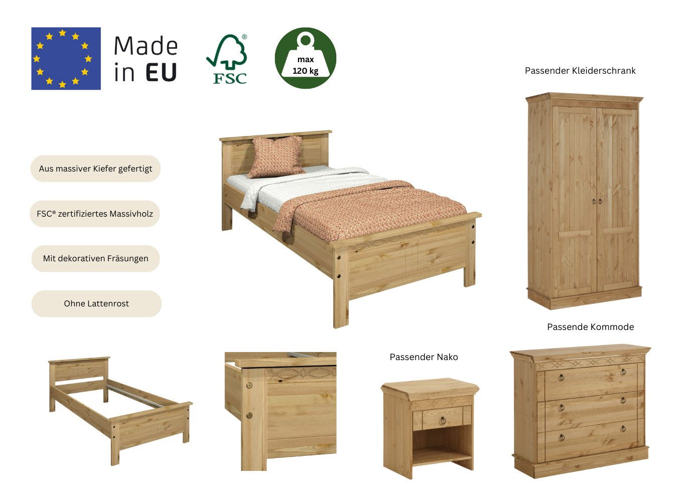 Home affaire Massief houten ledikant Indra, TOPSELLER, landhuisstijl, elegant design, gecertificeerd massief hout