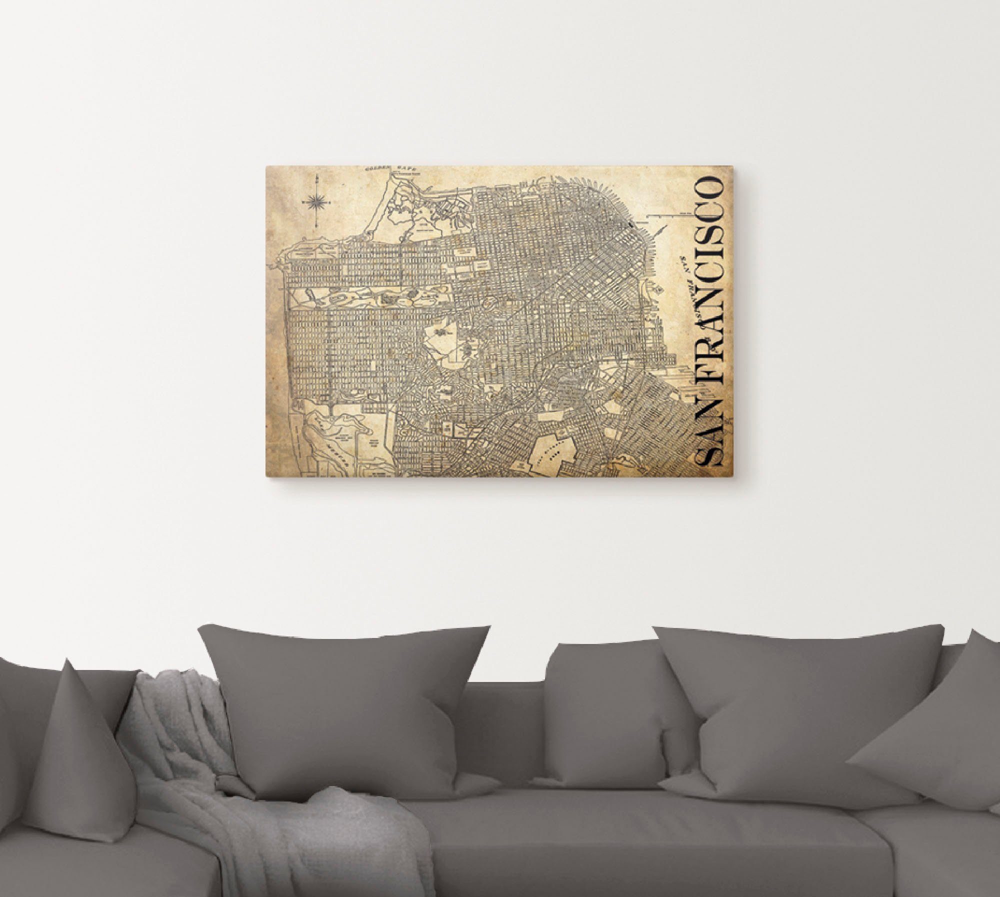 Artland Artprint San Francisco kaart straten kaart Sepia als artprint van aluminium, artprint op linnen, muursticker of poster in verschillende maten
