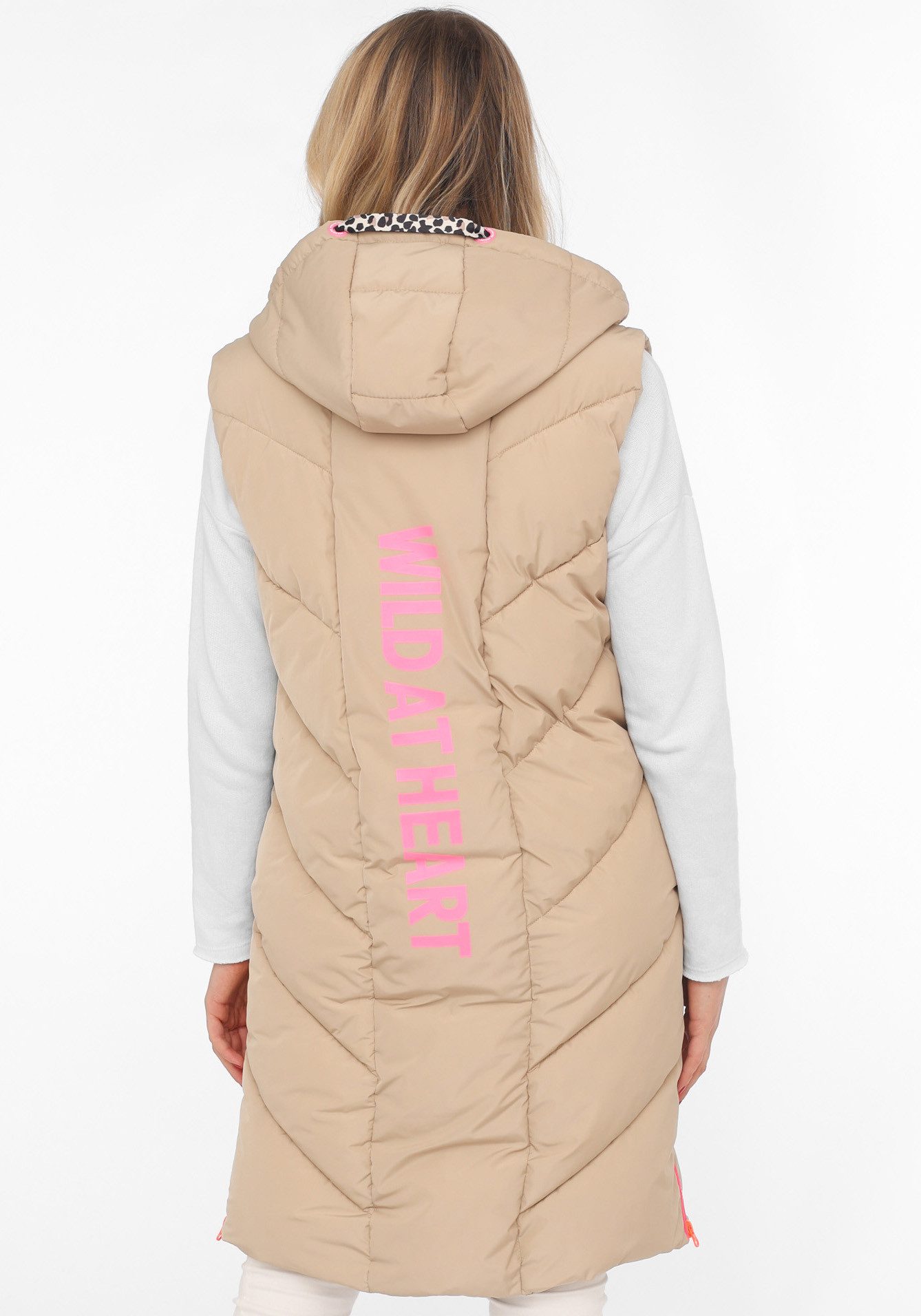 Zwillingsherz Bodywarmer Gewatteerd vest lang "Wild at Heart" met leeuwdetails, print, capuchon, rits en zakken