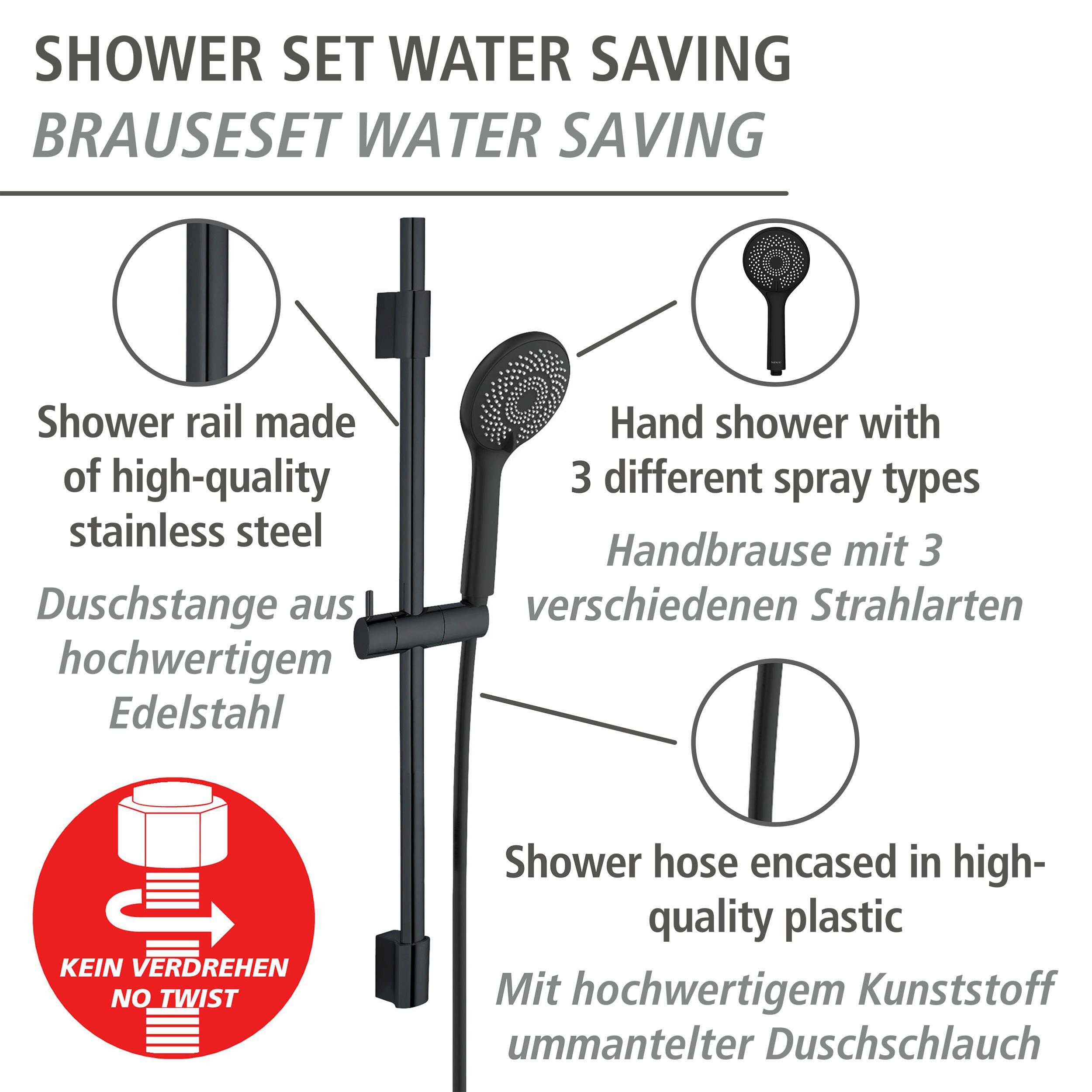 WENKO Douchestang-set Watersaving Zwart, lengte van de stang: 70 cm