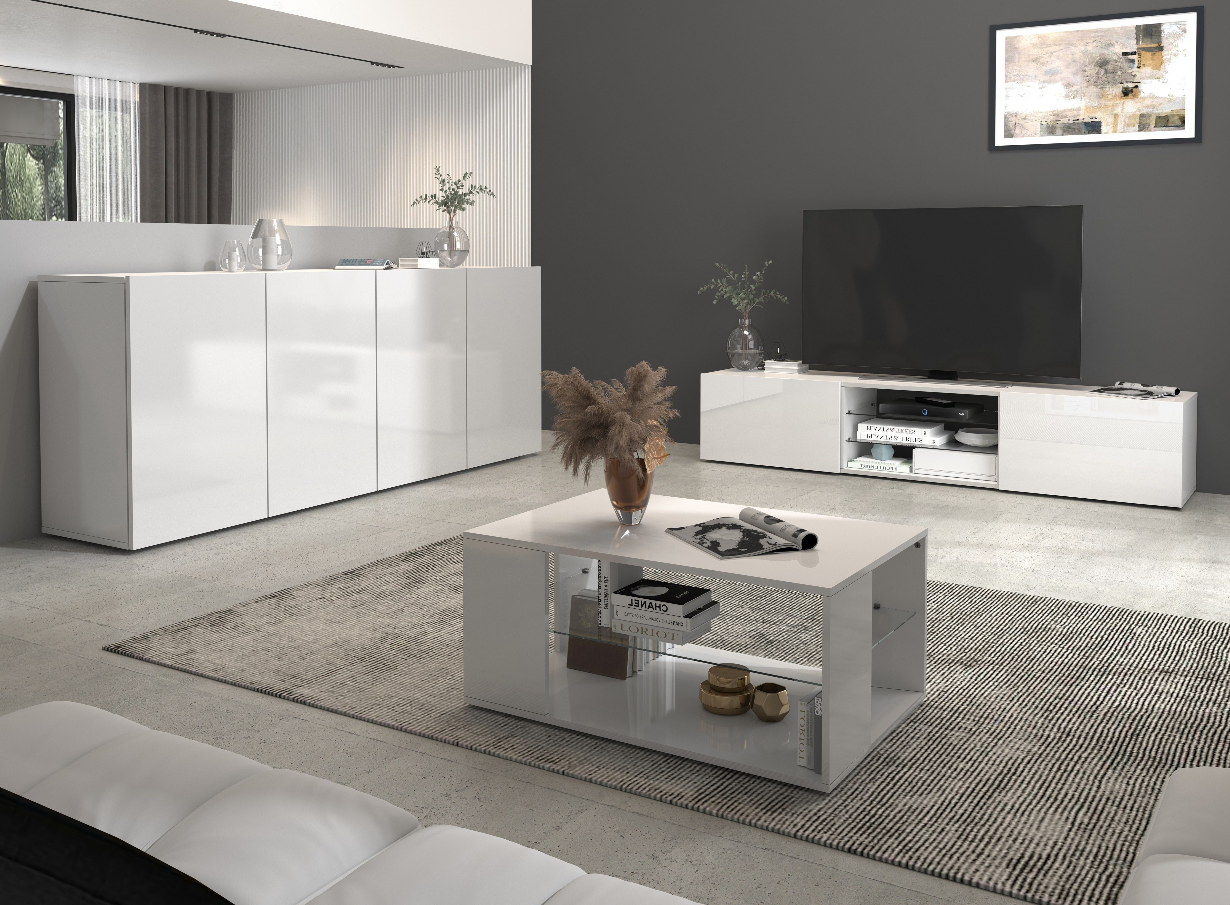 INOSIGN Tv-meubel Egypt, Lowboard, TV-ladekast, TV-meubel, TV-bank met 2 kleppen, 2 glazen planken, volledig hoogglans gelakt (b/d/h) 180x38x35 cm