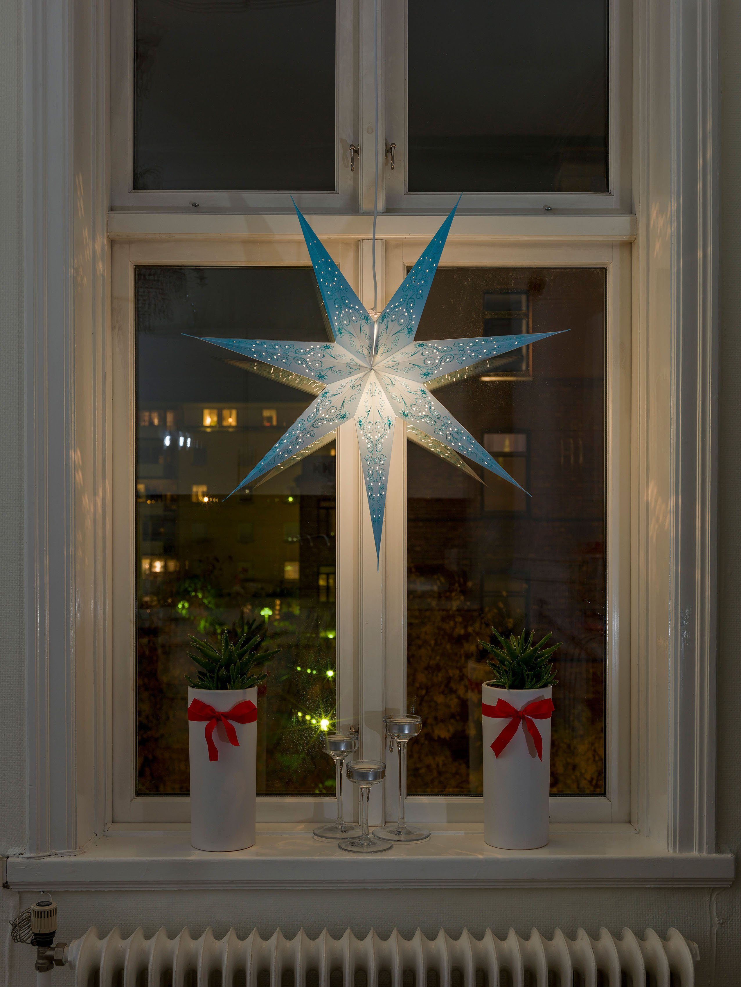 KONSTSMIDE Sierster Kerstster, kerstversiering Papieren ster, led ster, geperforeerd en blauw geborduurd, 7 punten (1 stuk)