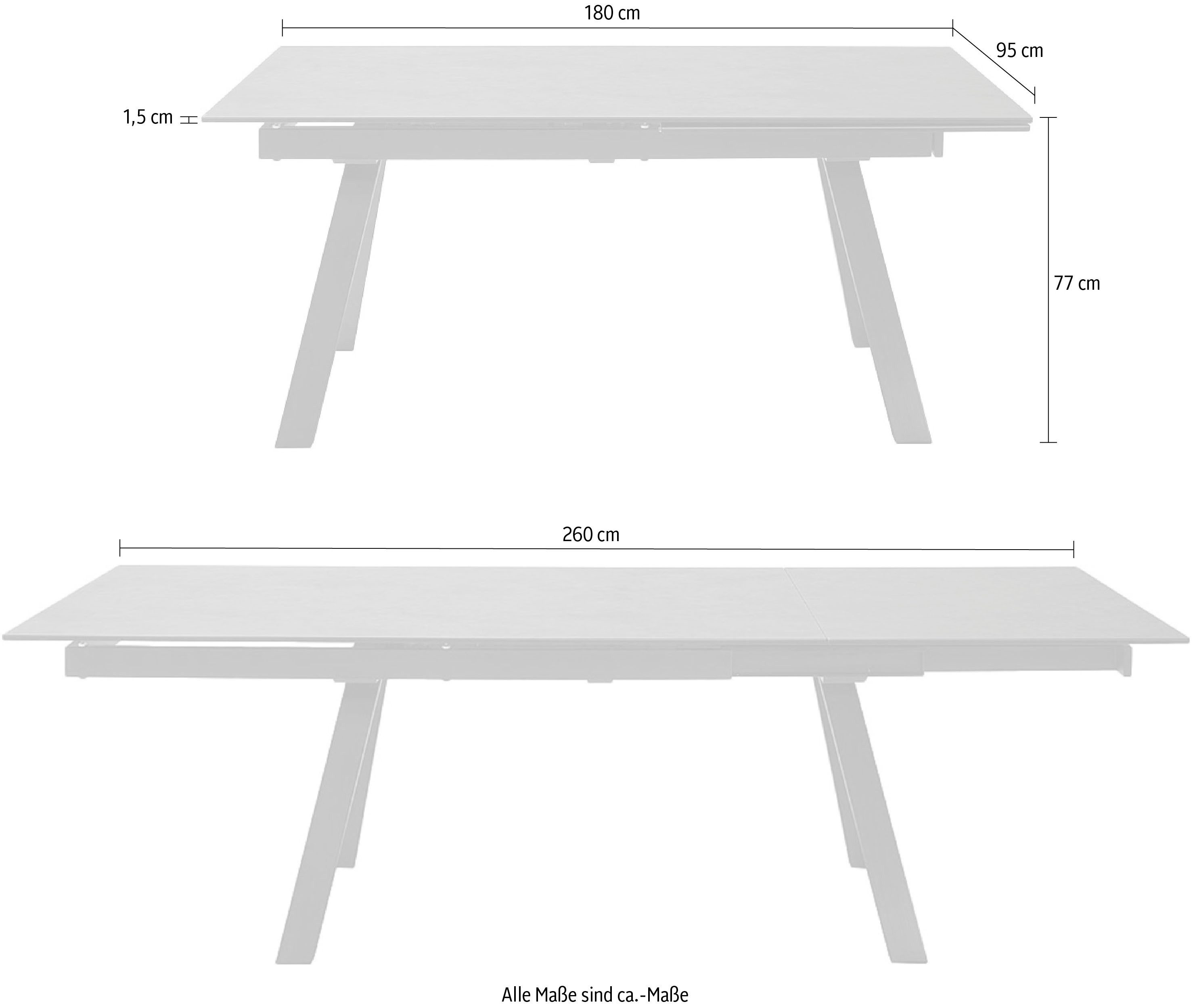 MCA furniture Eettafel TOBAGO uitschuiftafel 180-260 cm Keramiek, roestvrij staal, uitschuifbaar, tafelblad 13 mm