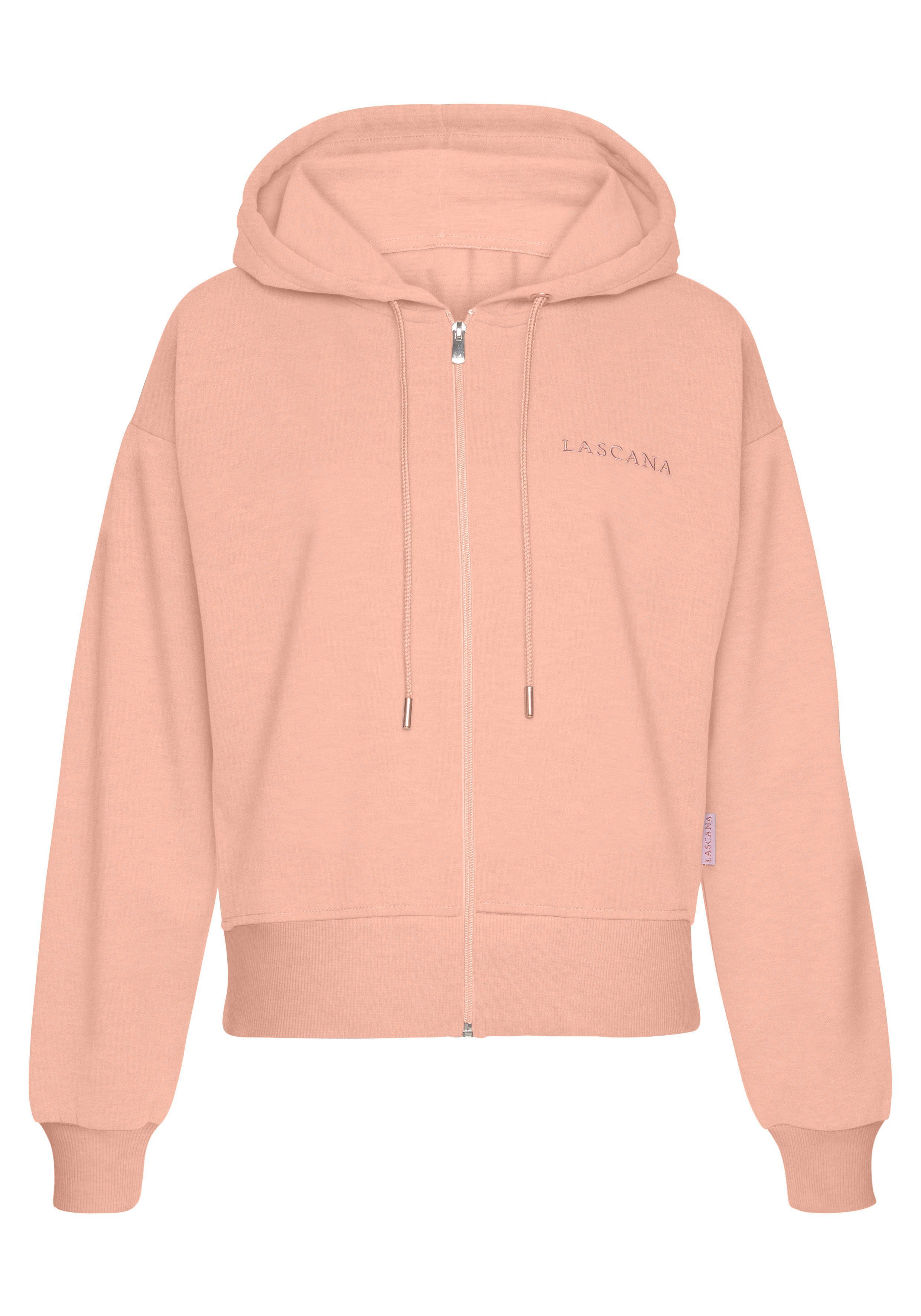Lascana Capuchonsweatvest Homewear met koperkleurige rits en logo-borduursel, loungewear
