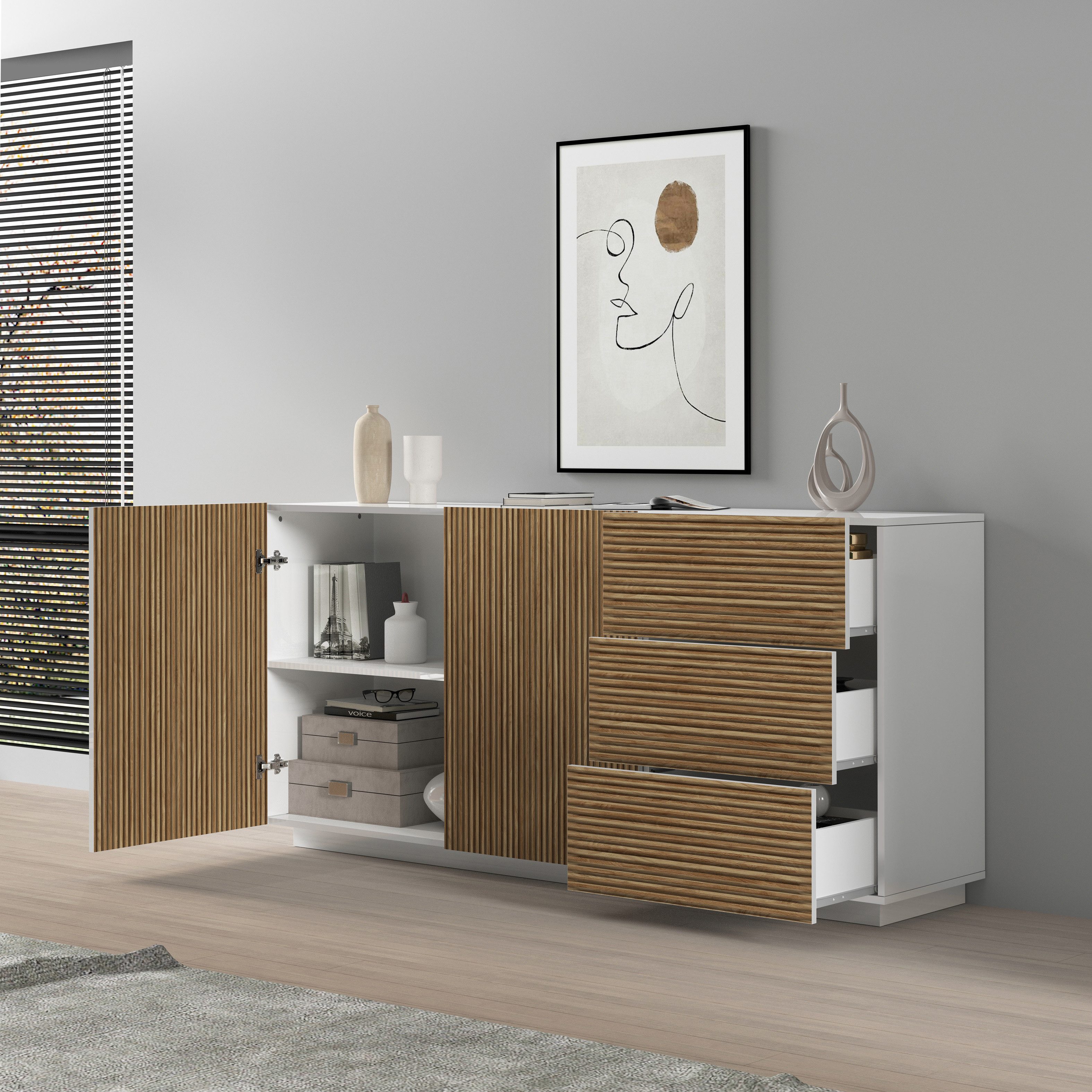 INOSIGN Dressoir Vega Sideboard, Ladekast, 180 cm met 2 deuren en 3 lades, fronten met groeflook