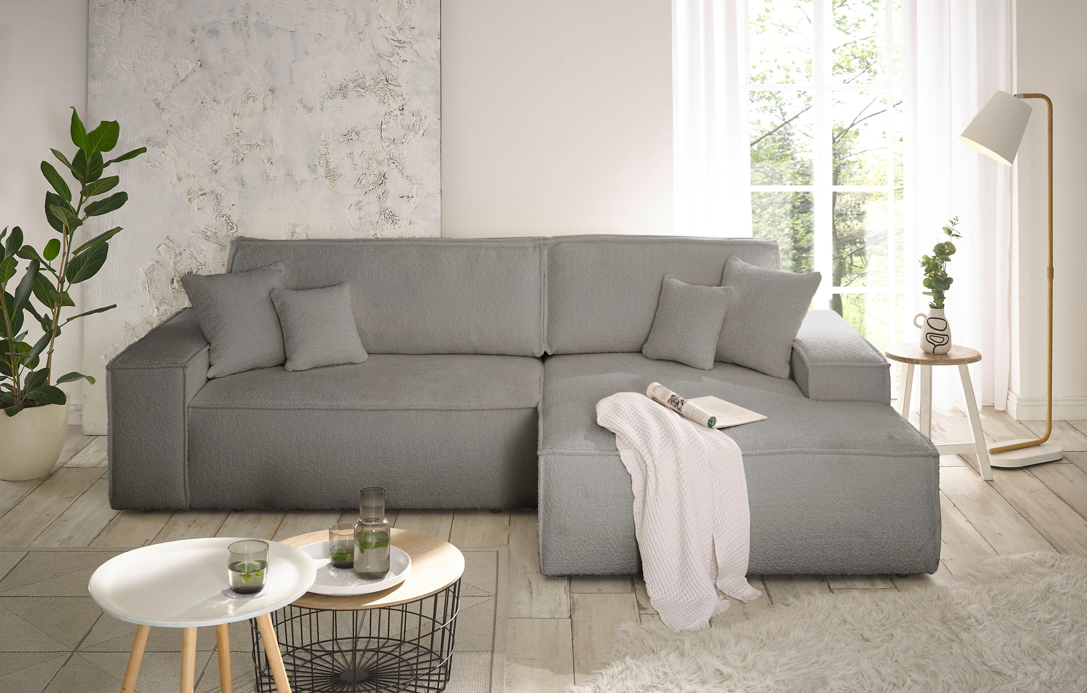 andas Hoekbank Finnley slaapbank 267 cm in Bouclé, fijne structuur en cord, L-vorm