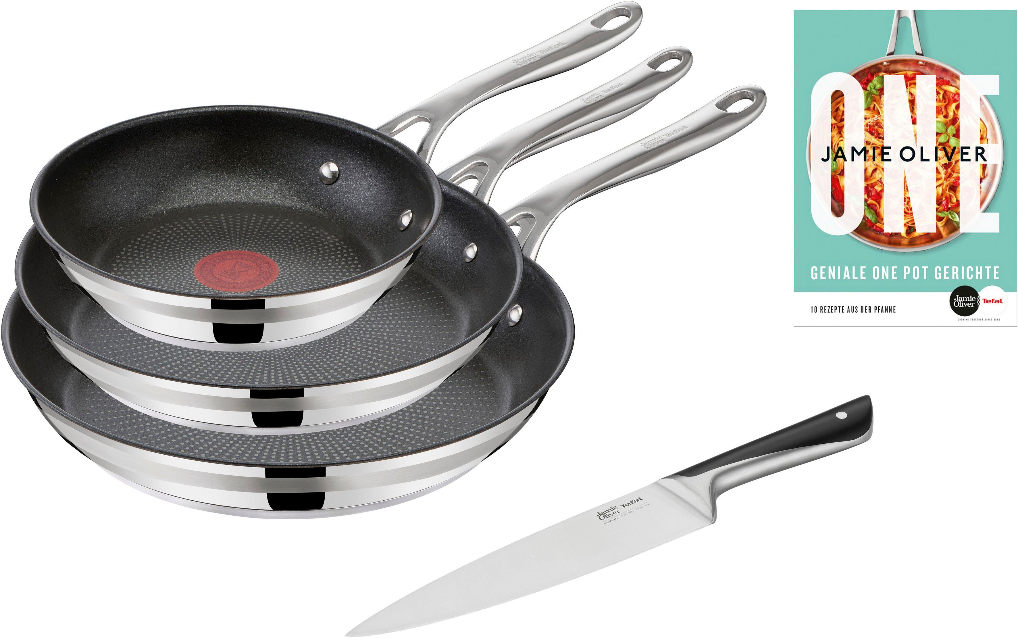 Tefal Pannenset Jamie Oliver Cook Smart stijlvolle roestvrijstalen pannen, inclusief koksmes, receptenboek (set) pannensets