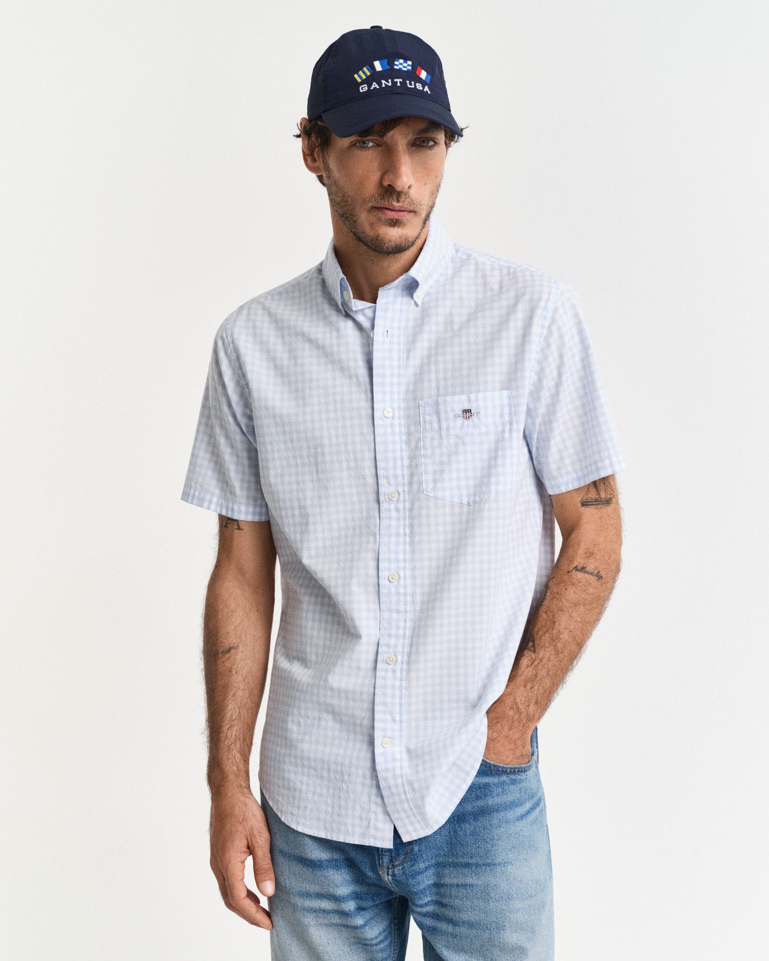 Gant Overhemd met korte mouwen Regular Fit Gingham Poplin Overhemd slijtvast easy care geruit