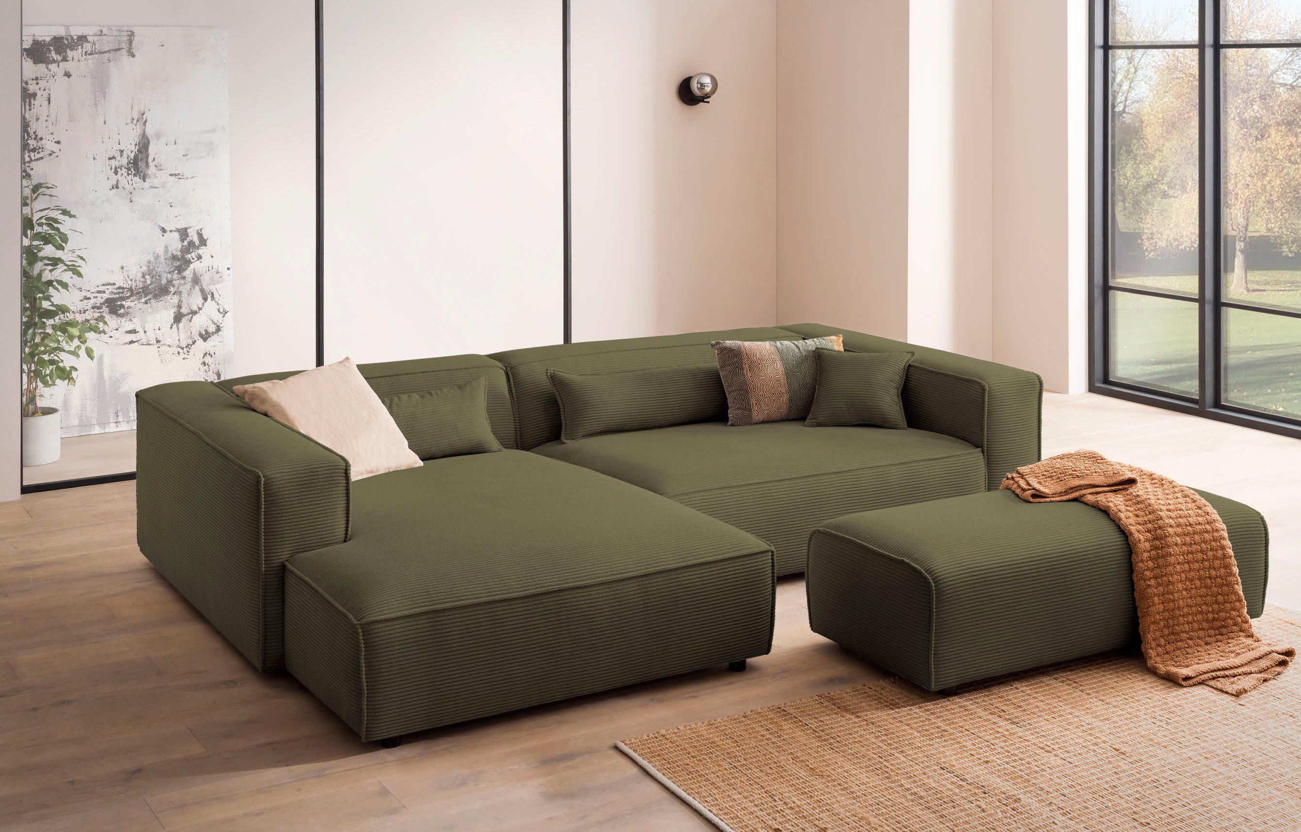 LeGer Home by Lena Gercke Hoekbank PIARA XXL, L-vorm met slaapfunctie, Big-sofa in cord of linnenlook Hocker verstelbaar tot slaapbank (krokodillenverbinder), diepe zitting