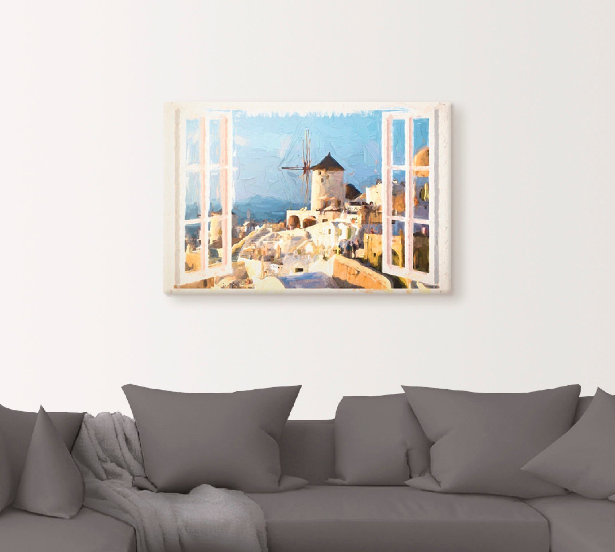 Artland Artprint op linnen Blik door het raam op Santorin