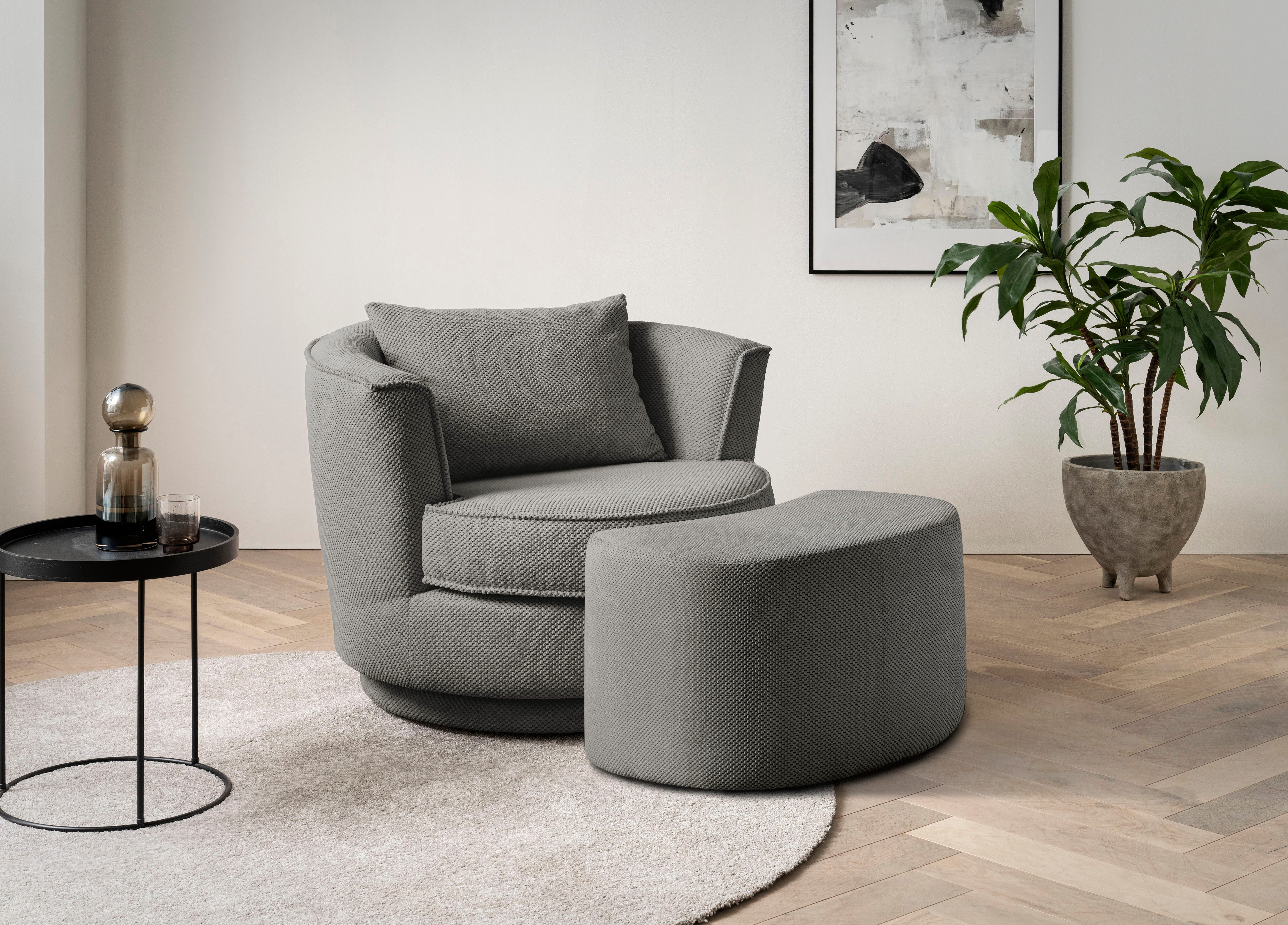 Leonique Draaibare fauteuil MAISIE, Love Seat, leesstoel, stoelset, met poef in mega cord en geweven fluweel, draaibaar 360 graden met poef (2 stuks)