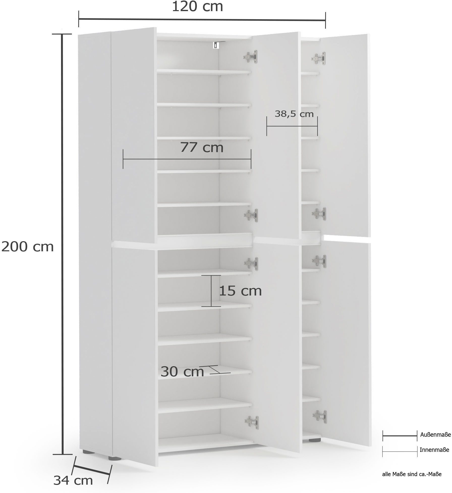 INOSIGN Schoenenkast Mister, schoenenkast, schoenenmeubelen, schoenenopslag, schoenenrek Breedte 120 cm, hoogte 200 cm, diepte 34 cm, 6 deuren, 24 vakken, 2 spiegels