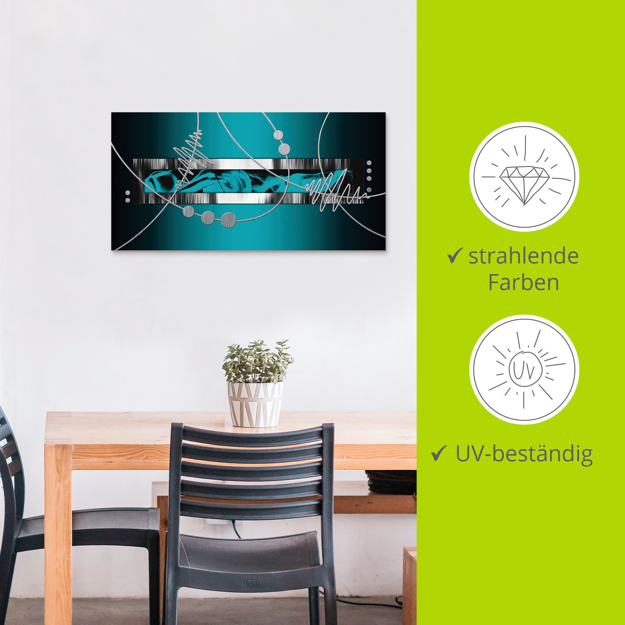 Artland Artprint Zilverkleur abstract op petrol als artprint van aluminium, artprint voor buiten, artprint op linnen, poster, muursticker
