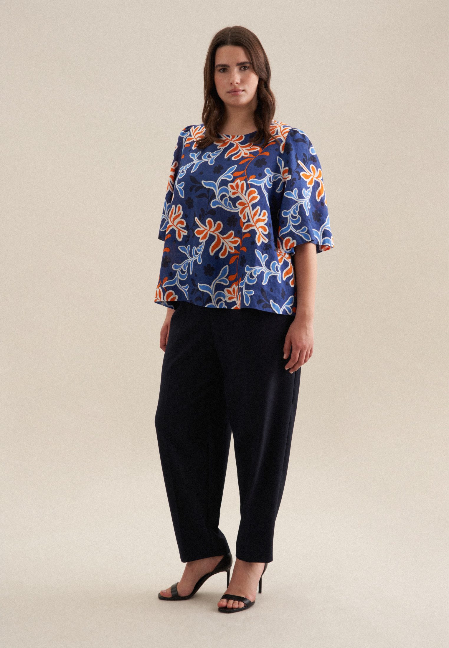 seidensticker Shirtblouse Zwarte roos Korte mouwen ronde hals print
