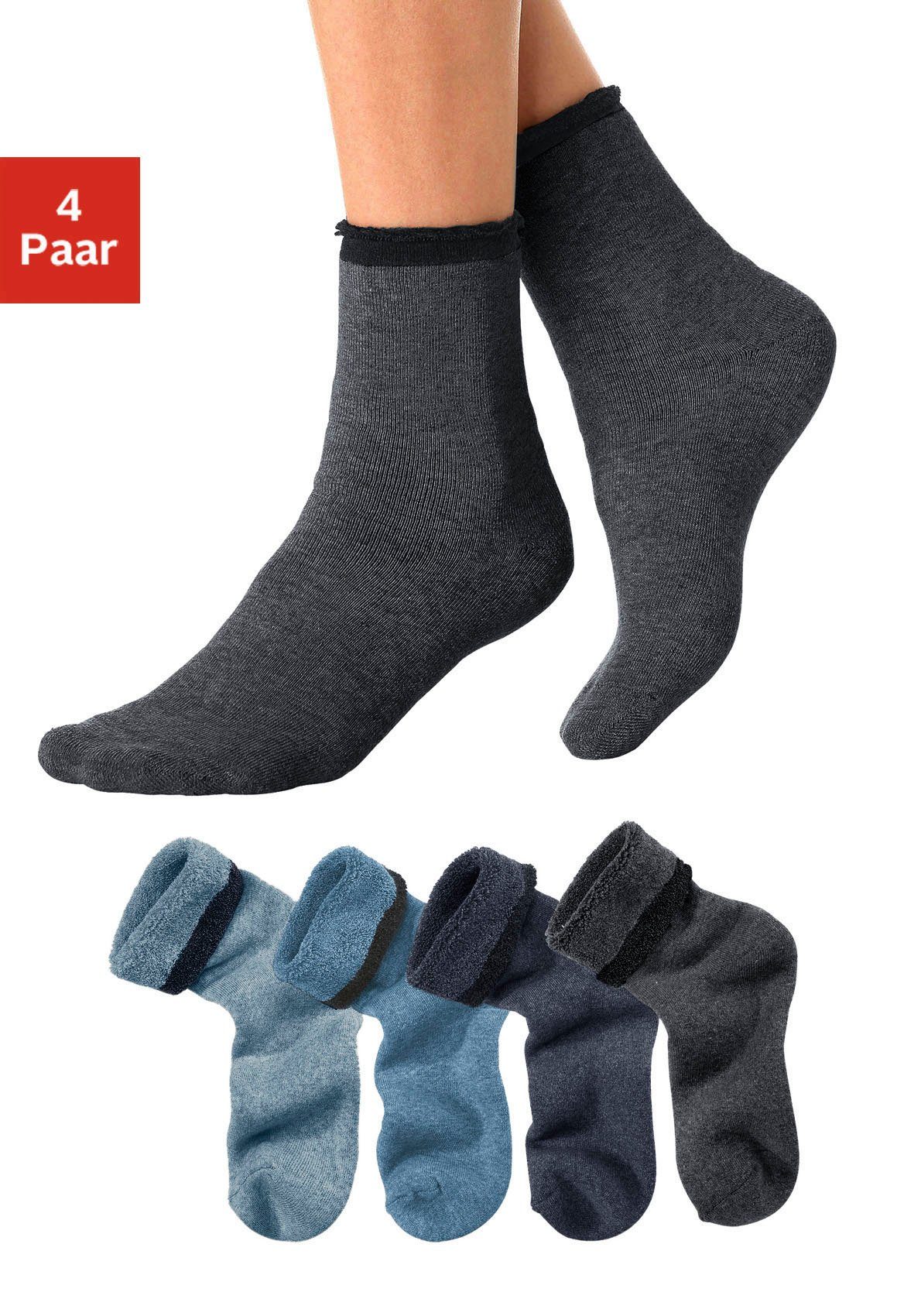 Lavana Wellness-sokken met frottébinnenkant (set, 4 paar) dames sokken maat 39-42 blauw