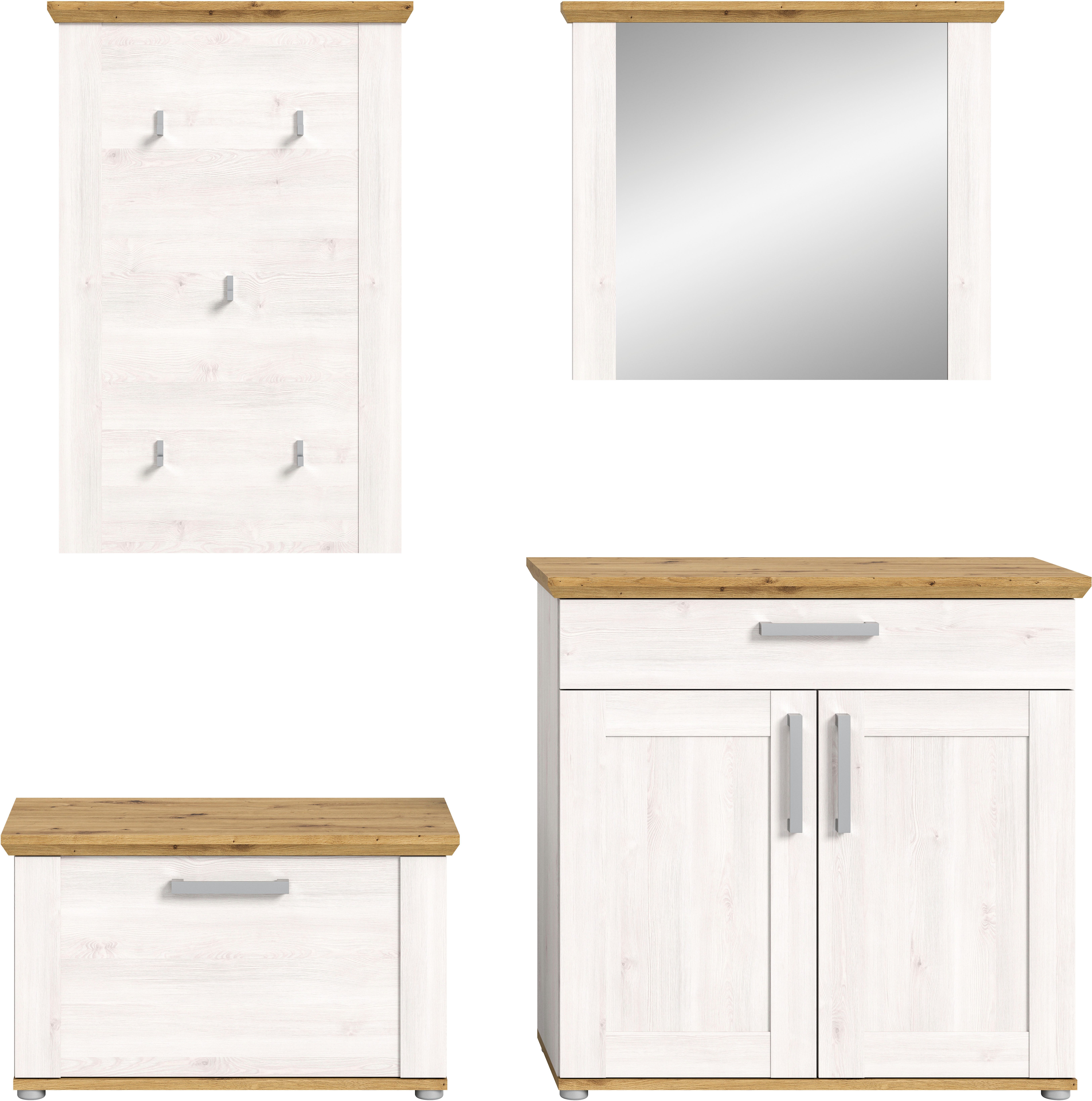 Home affaire Halmeubelset Cosenza, Breedte ca. 190 cm, 2-kleurig, 4-delig, bestaande uit: Zitbank, garderobenpaneel, schoenenkast, spiegel, in landelijke stijl (4-delig)