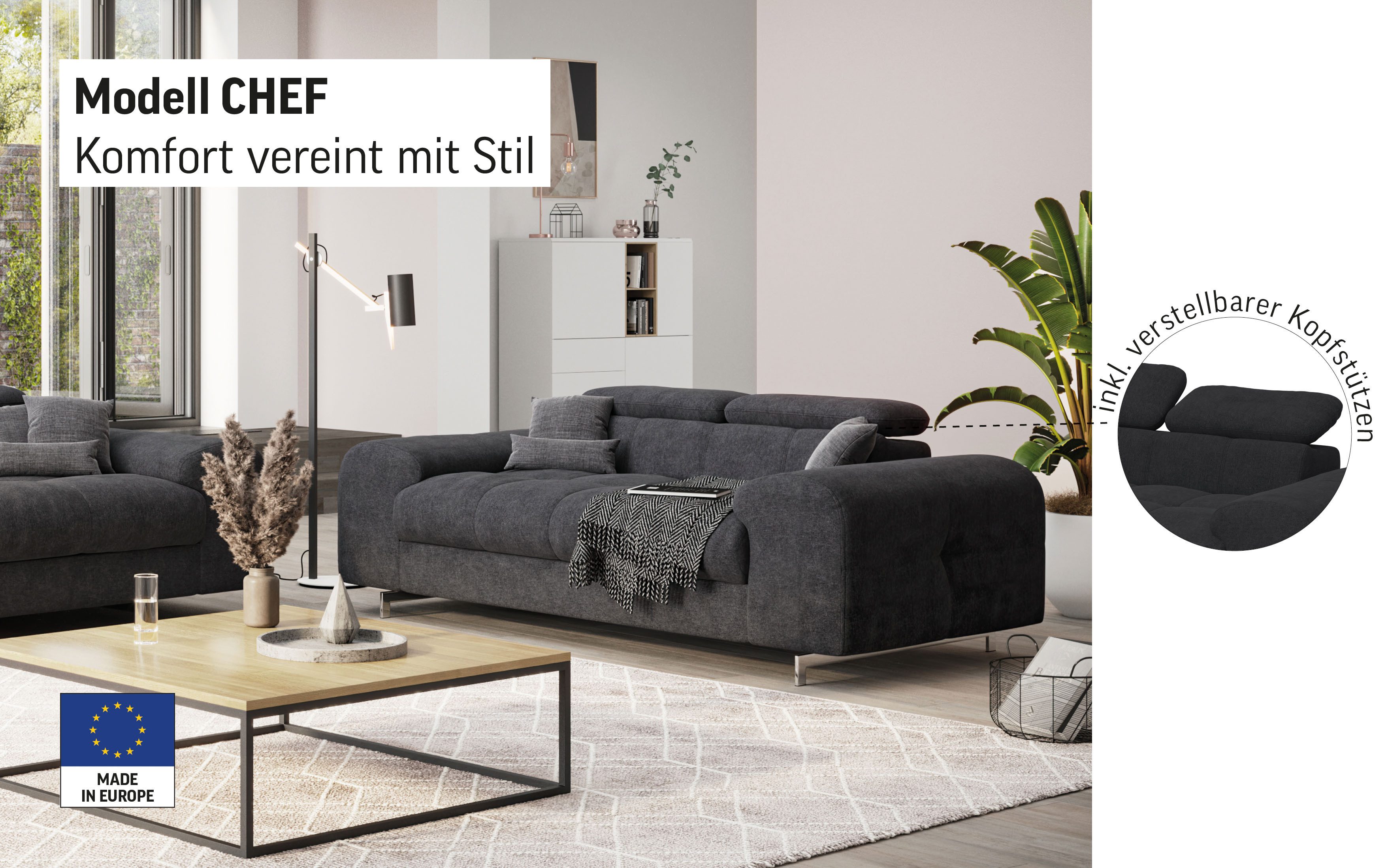 COTTA 2-zitsbank Chef 2-zitsbank met elegante stiksels, bodemvrijheid 12,5 cm