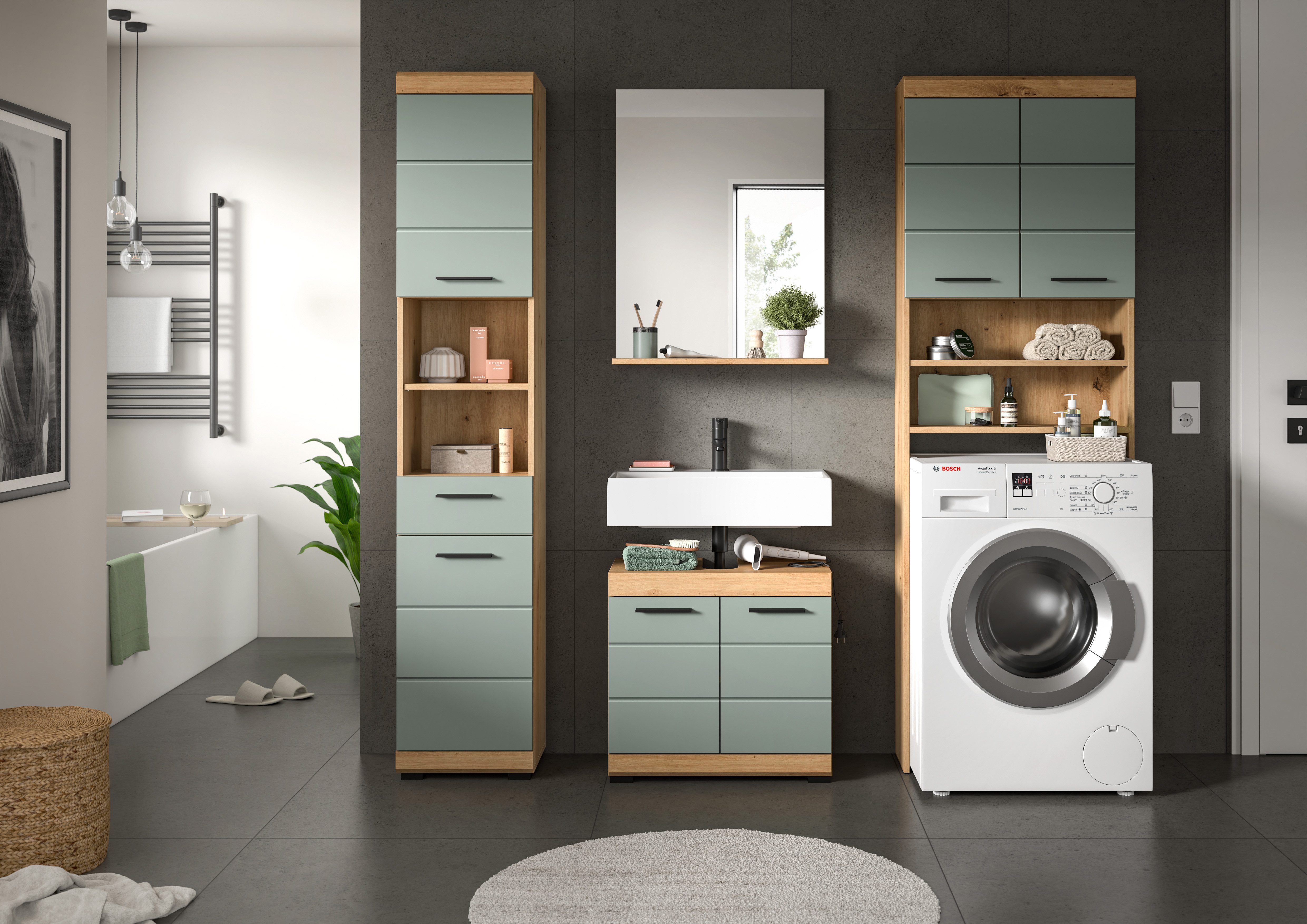 INOSIGN Badkamerserie Siena, 4-delig, bestaande uit: Hoge kast, WBU, badkamer spiegel, wasmachine ombouwkast (set, 4-delig)