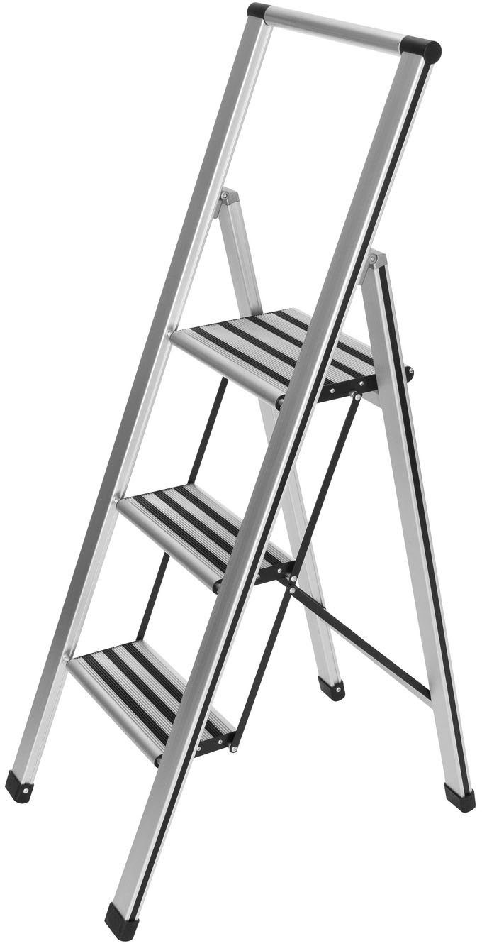WENKO Huishoudtrapje Model Alu-Design 3-traps, inclusief ladderhouder, xxl-treden, plat inklapbaar, aluminium (2 stuks)