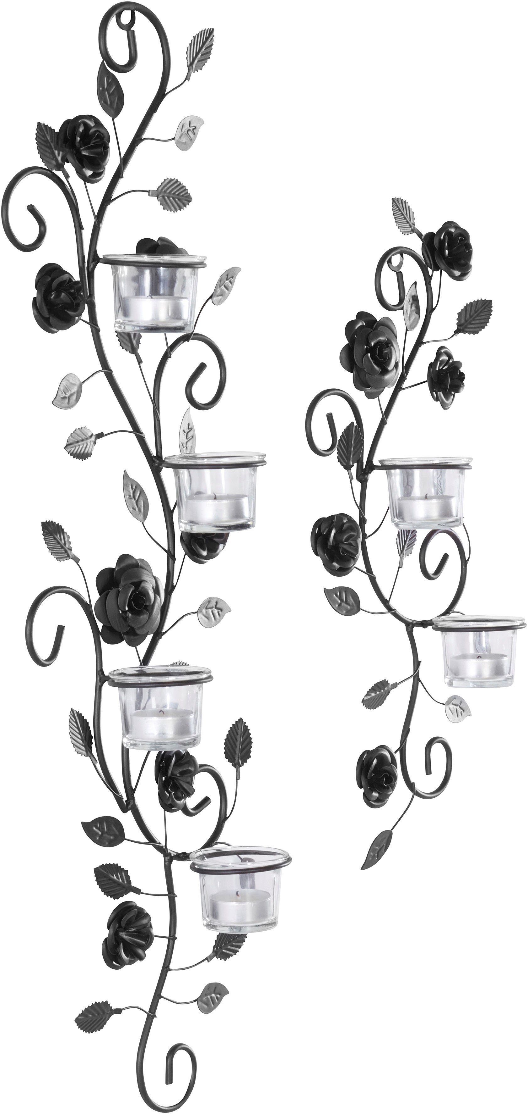 Home affaire Wandkaarsenhouder Bloemenrank, zwart Landhuis, metaal, glas, zwart antiek