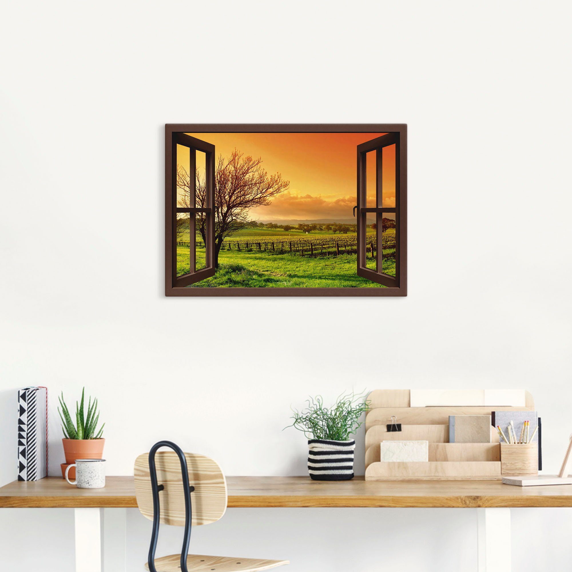 Artland Artprint Blik uit het venster - landschap met wijnbergen als artprint op linnen, muursticker in verschillende maten
