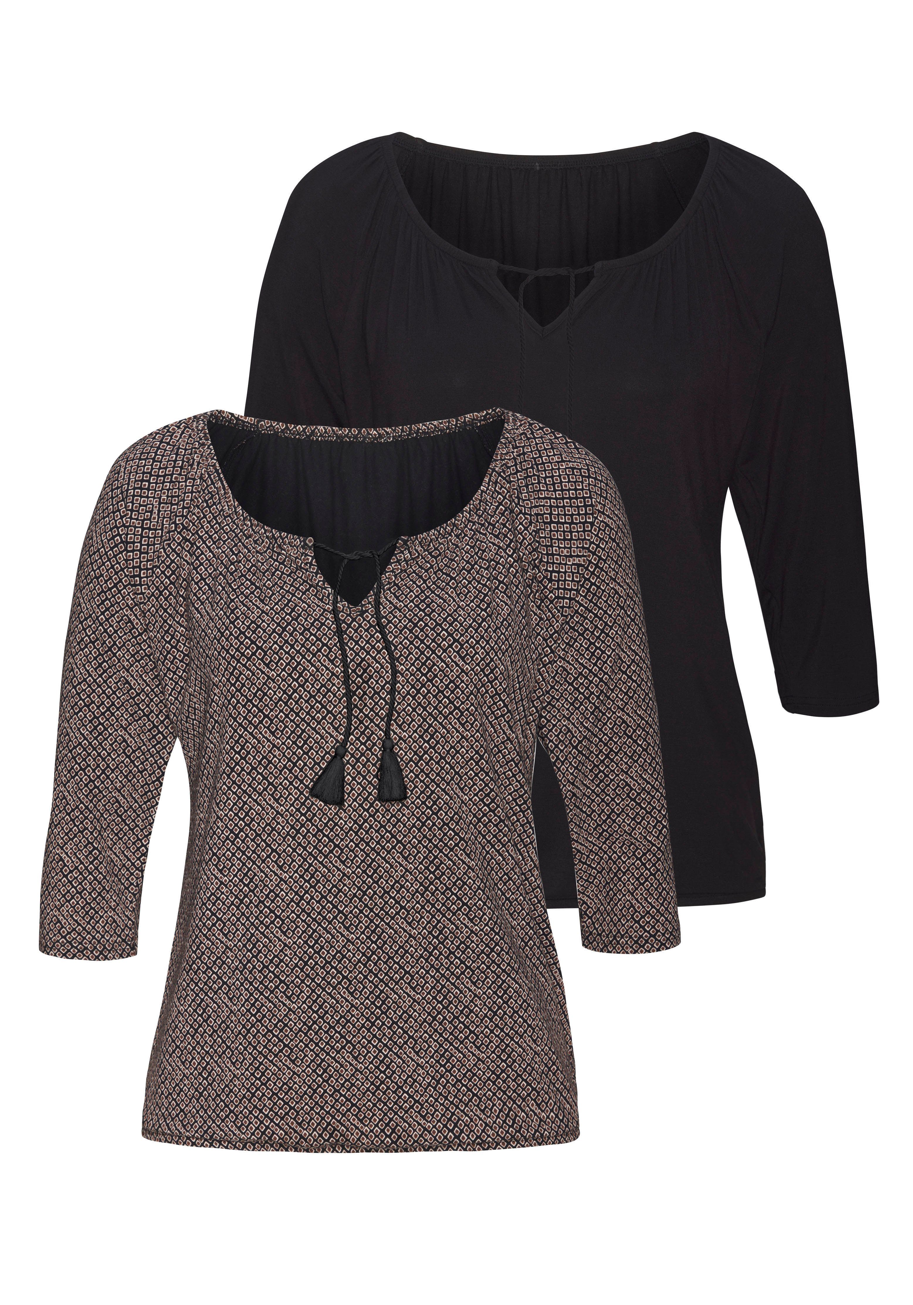 Lascana Shirt met 3/4 mouwen Met modieuze kwastjes van zachte viscose-stretch (Set van 2) dames shirts met 3/4 mouwen maat 40/42